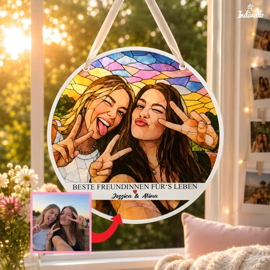 Sonnenfänger für Freundinnen personalisiert bestellen: rundes Porträt zweier Frauen im bunten Mosaikstil, darunter „Beste Freundinnen für’s Leben“ und zwei Namen.