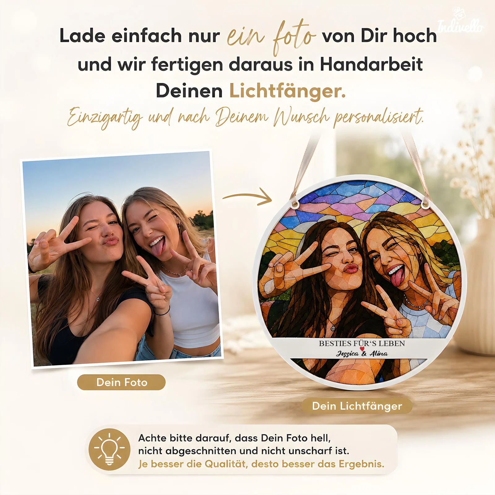 Infografik zur Personalisierung: Aus einem hochgeladenen, hellen, unbeschnittenen und scharfen Foto entsteht ein runder Lichtfänger im farbigen Mosaikstil mit Wunschtext.