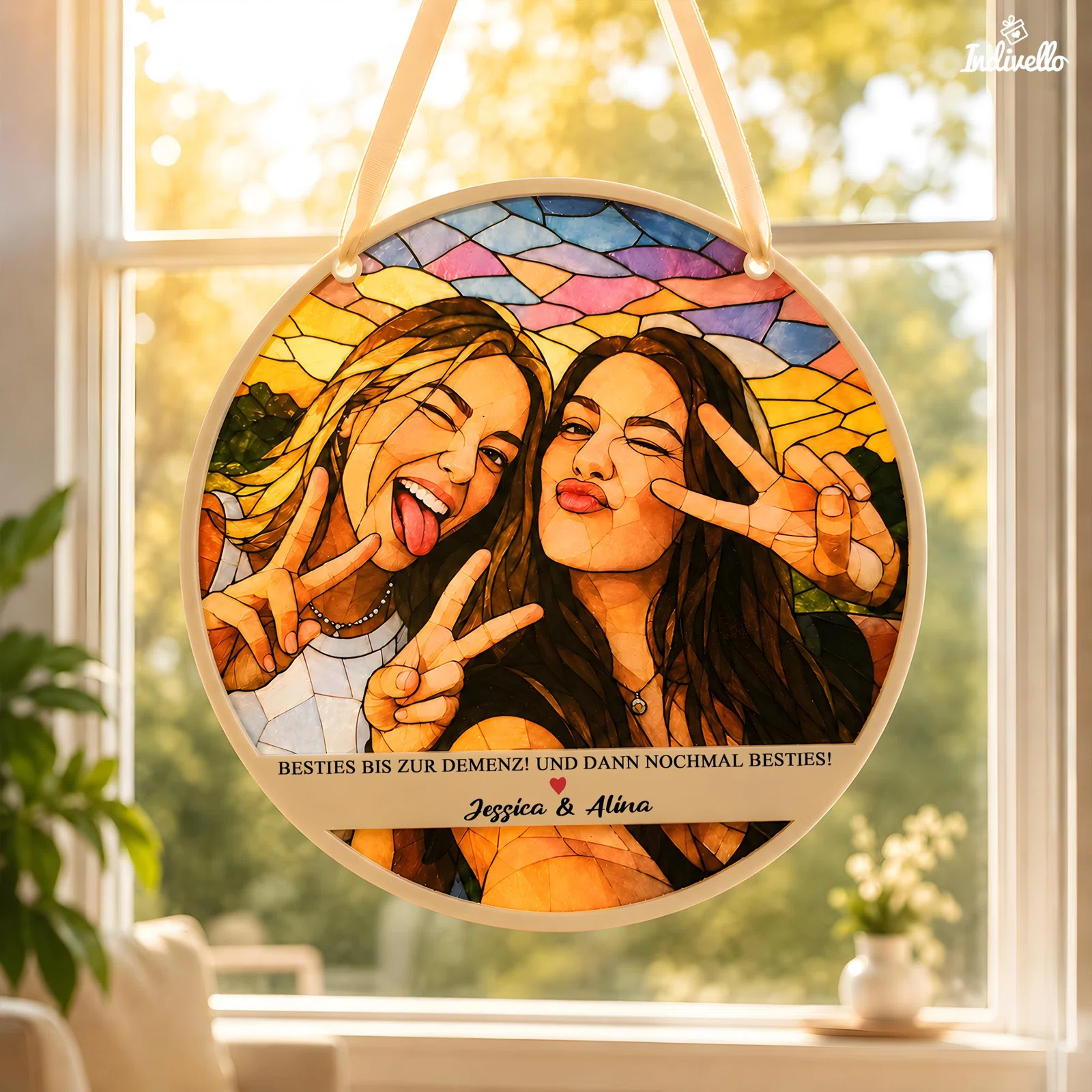 Runder Fensteranhänger im Buntglasstil mit zwei Frauen, die Grimassen schneiden und Peace-Zeichen zeigen. Darunter steht: „Besties bis zur Demenz! Und dann nochmal Besties!“