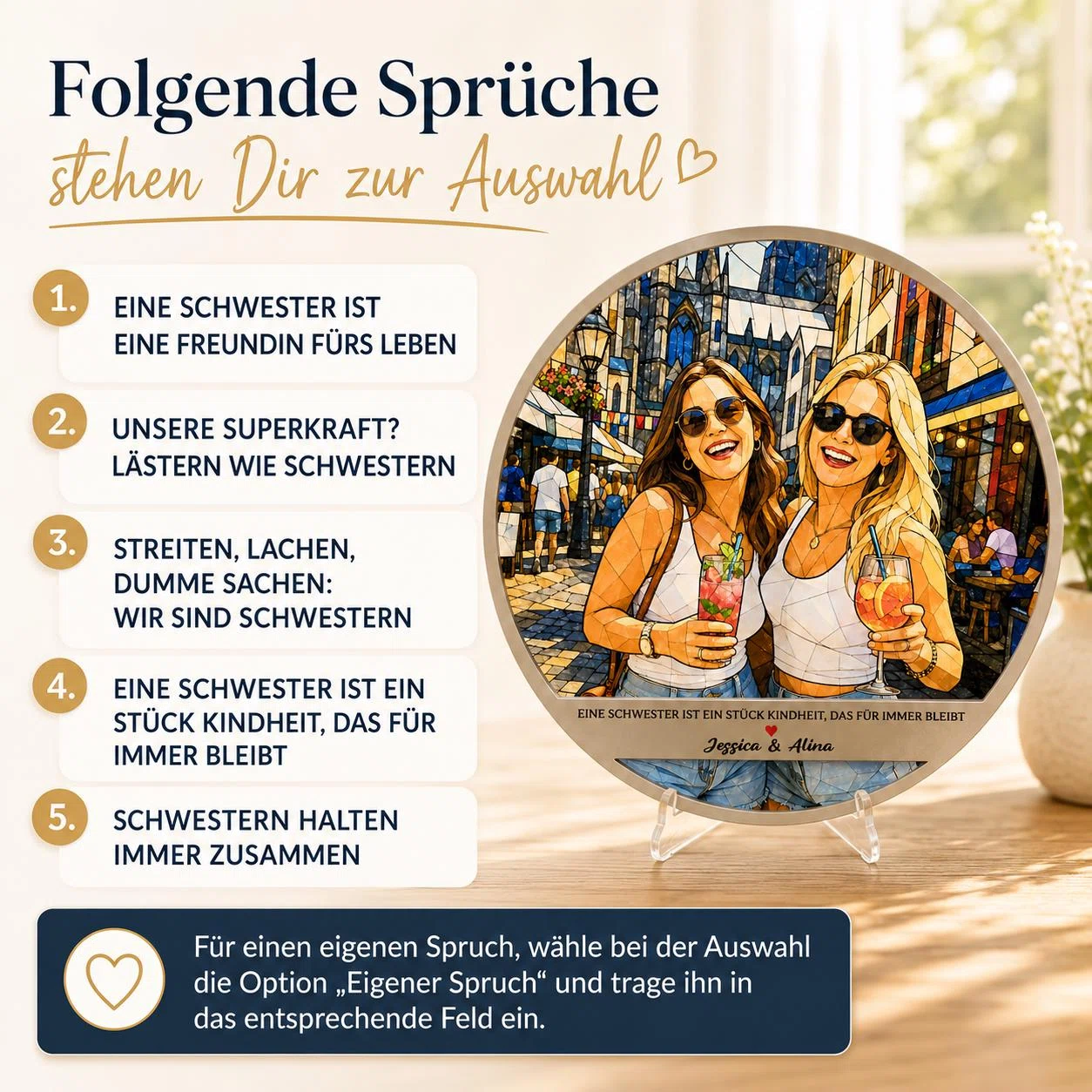 Spruchübersicht mit fünf Textoptionen zum Thema Schwestern, von „Eine Schwester ist eine Freundin fürs Leben“ bis „Schwestern halten immer zusammen“. Alternativ kann bei der Auswahl ein eigener Spruch eingetragen werden.