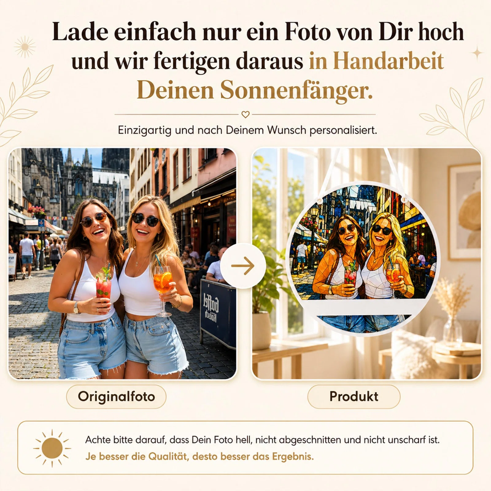 Infografik zur Personalisierung: Ein hochgeladenes, helles, unbeschnittenes und scharfes Foto wird als farbiges Motiv auf einen runden Sonnenfänger übertragen. Ein Vorher-nachher-Beispiel veranschaulicht das Ergebnis.