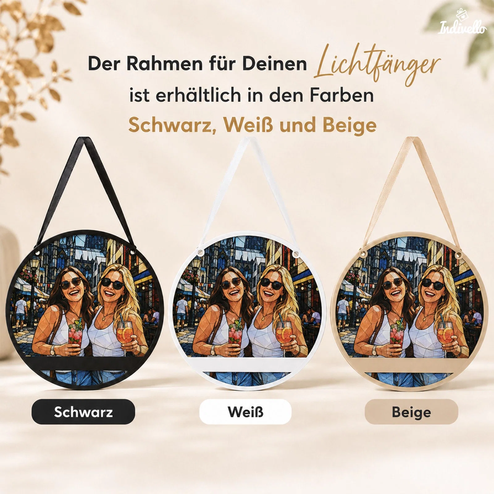 Farbauswahl für den runden Lichtfänger-Rahmen mit Aufhängeschlaufe: Die drei Varianten Schwarz, Weiß und Beige sind nebeneinander dargestellt.