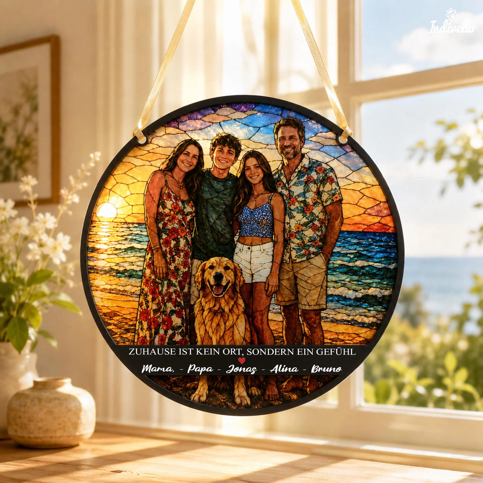 Runder Fensteranhänger im Buntglas-Look mit vier Personen und Hund vor einem Sonnenuntergang am Meer. Darunter stehen der Spruch „Zuhause ist kein Ort, sondern ein Gefühl“ und eine Namenszeile.