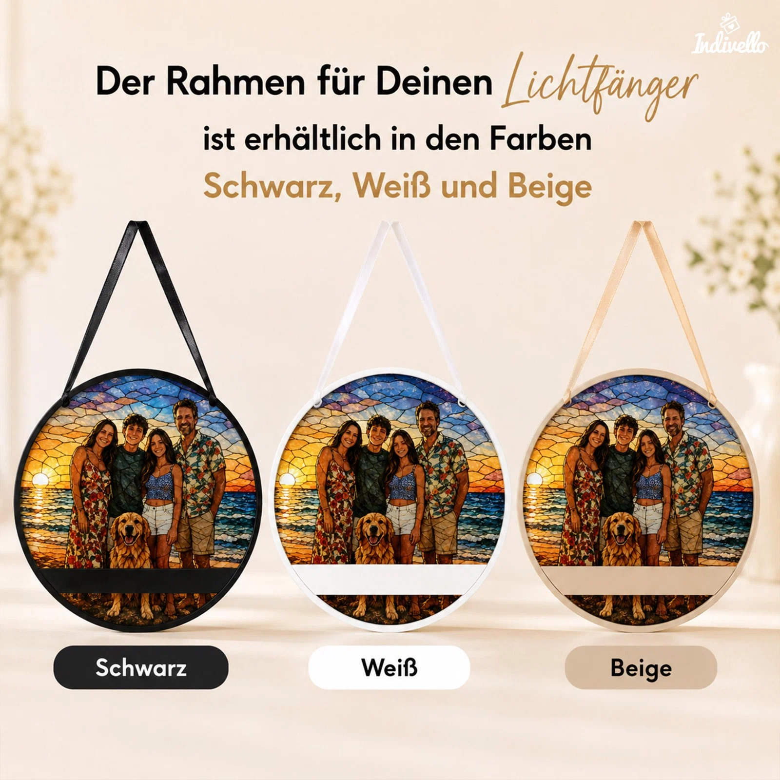 Farbauswahl für den runden Lichtfänger-Rahmen: Schwarz, Weiß oder Beige. Drei frontale Beispiele zeigen dasselbe farbige Fotomotiv mit jeweils passender Aufhängung und Rahmenleiste.