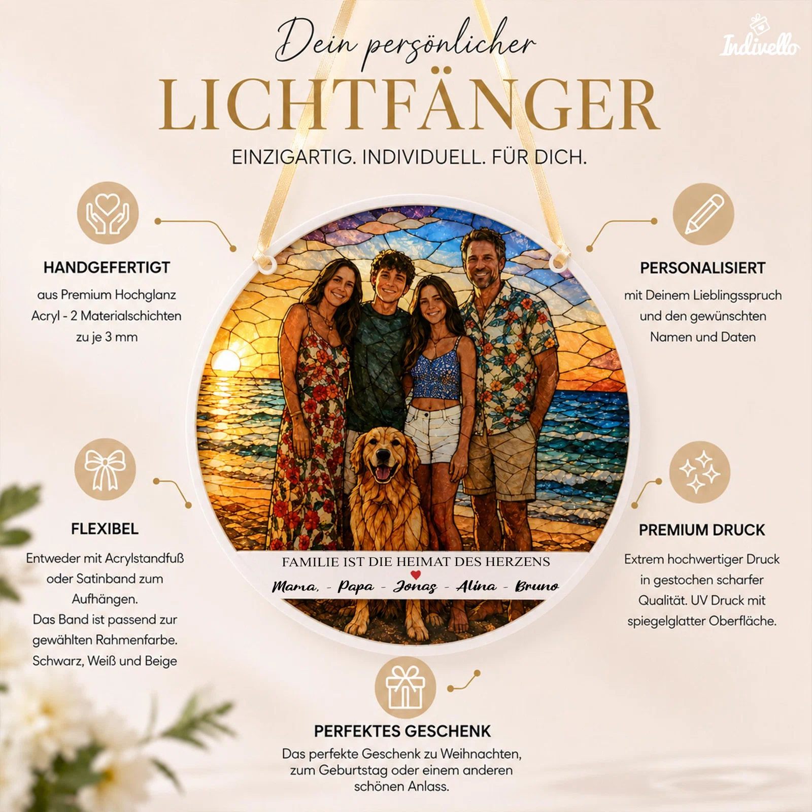 Infografik zu einem runden personalisierbaren Lichtfänger mit vier Personen und Hund vor einem Meeressonnenuntergang. Wunschspruch, Namen und Daten sowie Band oder Standfuß sind wählbar.