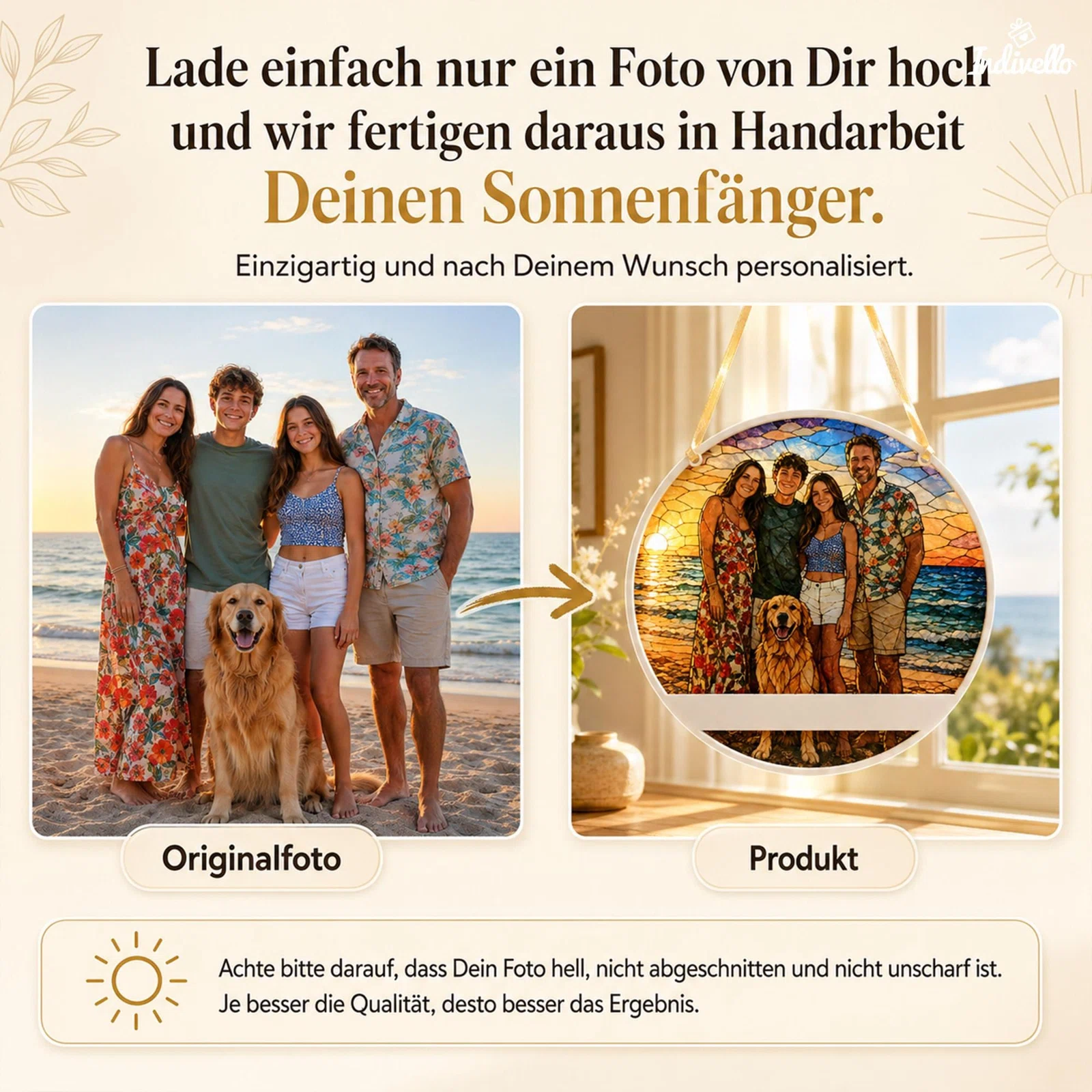 Infografik zur Personalisierung: Aus einem hochgeladenen, hellen, unbeschnittenen und scharfen Foto entsteht ein runder Sonnenfänger. Ein Strandfoto mit vier Personen und Hund wird dem farbigen Ergebnis gegenübergestellt.