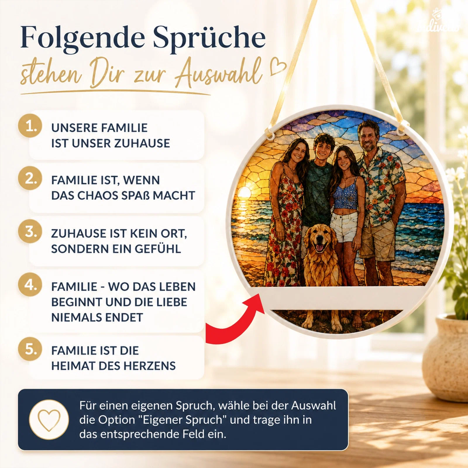 Infografik zur Spruchauswahl für den runden Anhänger: Fünf Texte über Familie und Zuhause stehen bereit. Alternativ lässt sich über die Option „Eigener Spruch“ ein persönlicher Text eintragen.
