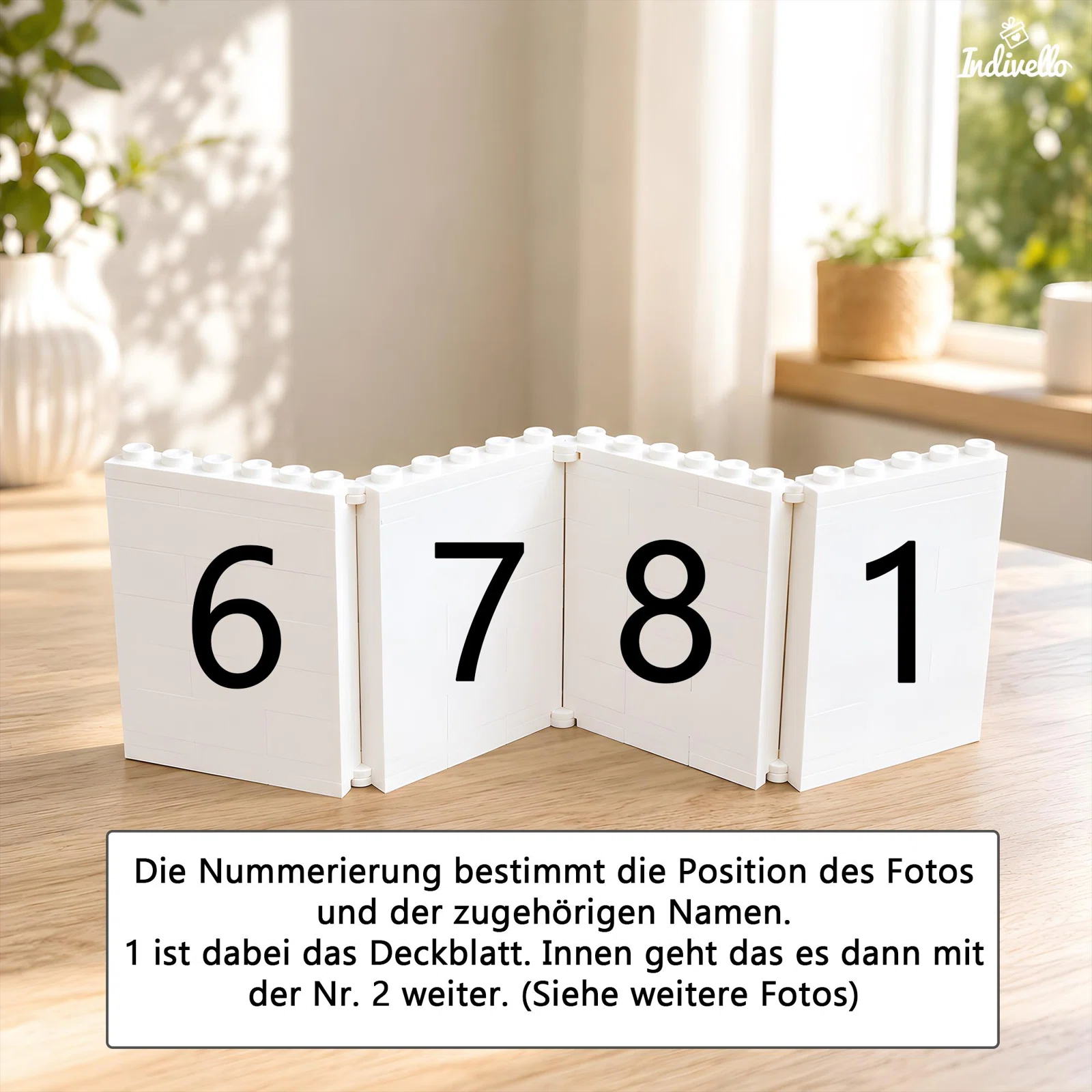 Nummerierungsübersicht für das faltbare Fotobuch: Die Zahlen bestimmen die Position von Fotos und Namen. Seite 1 ist das Deckblatt, innen folgt Seite 2.