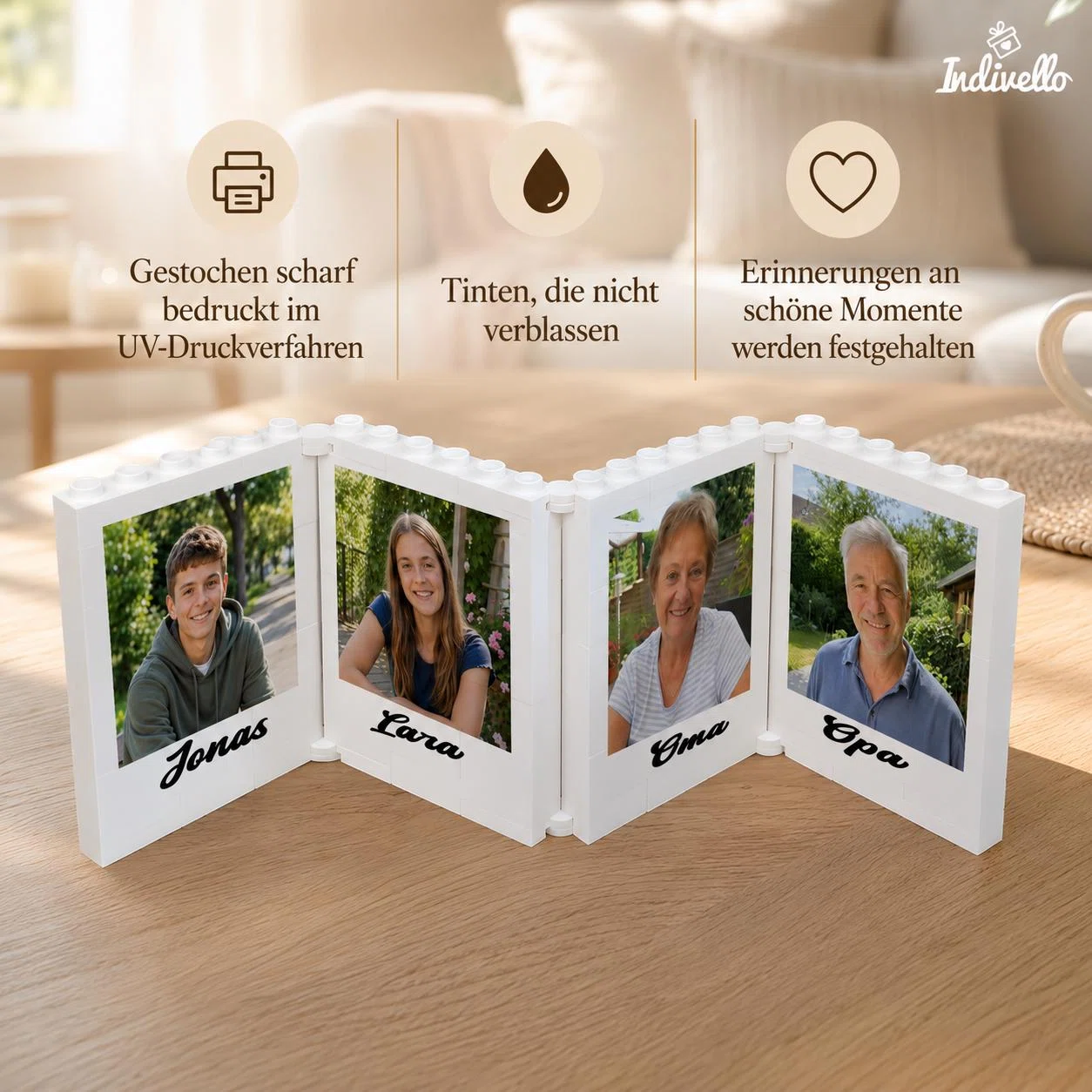 Infografik zu einem weißen, aufklappbaren Rahmen für vier Fotos: gestochen scharfer UV-Druck, nicht verblassende Tinten und das Festhalten schöner Erinnerungen werden hervorgehoben.