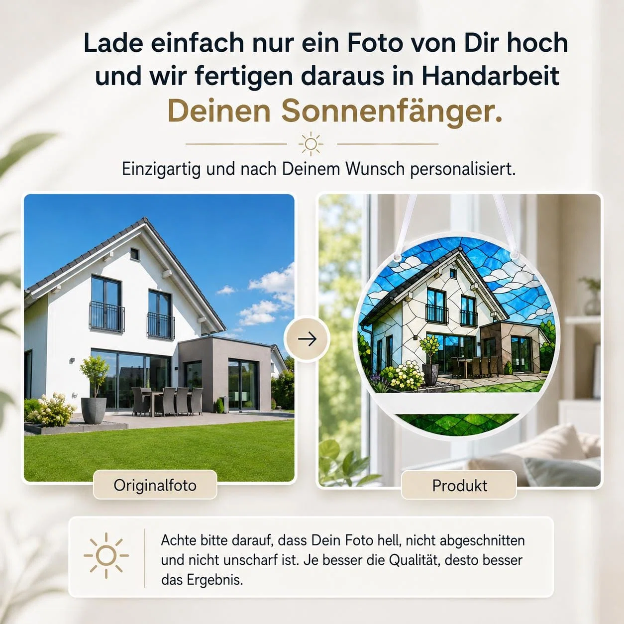 Infografik zur Personalisierung: Ein Hausfoto wird in einen runden, am Fenster hängenden Sonnenfänger mit farbiger Glasoptik übertragen. Empfohlen wird ein helles, scharfes und vollständiges Foto.