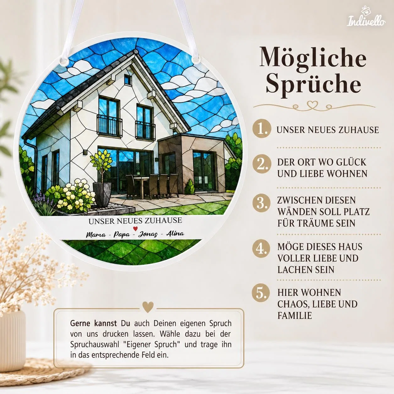 Übersicht mit fünf Spruchoptionen für ein Zuhause: vom neuen Zuhause über Glück, Liebe und Träume bis zu Familie und Lachen. Alternativ kann ein eigener Spruch angegeben werden.