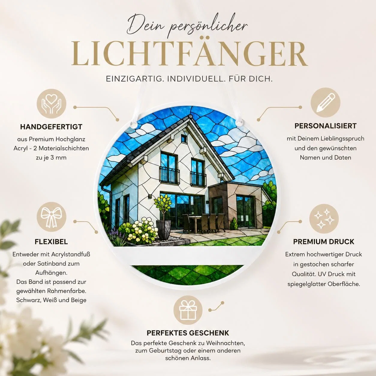Infografik zu einem runden, personalisierbaren Lichtfänger mit Hausmotiv: zwei Acrylschichten à 3 mm, wahlweise Standfuß oder Satinband in Schwarz, Weiß oder Beige sowie UV-Druck.