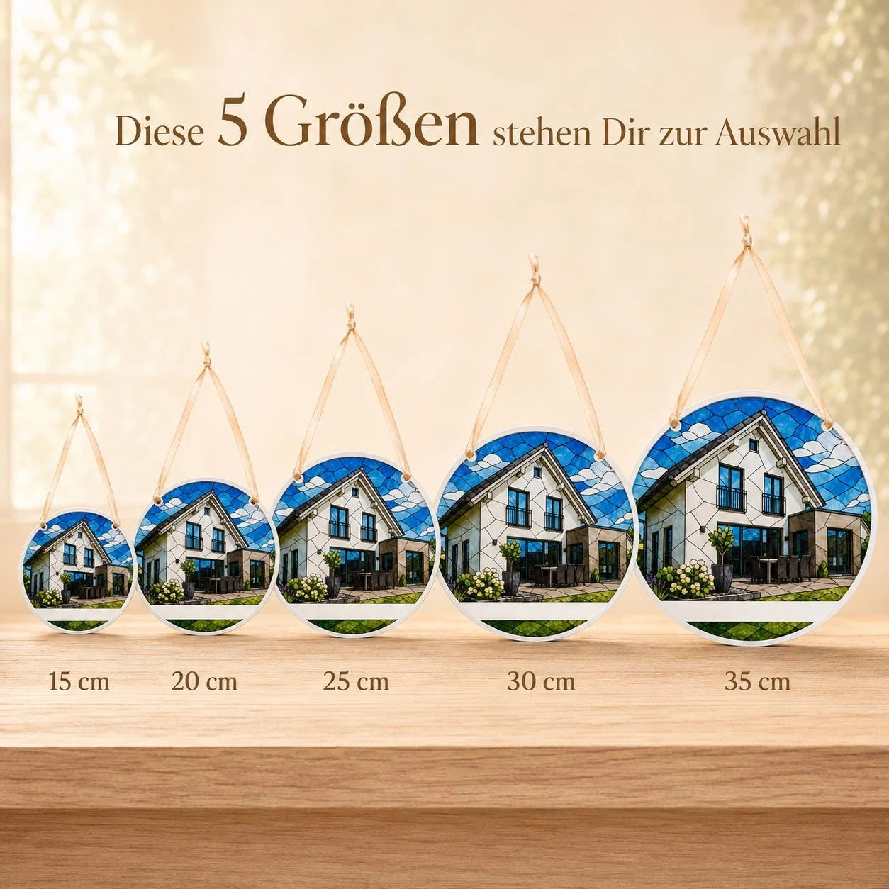 Größenübersicht mit fünf runden Anhängern und Hausmotiv in Blau, Weiß und Grün. Zur Auswahl stehen 15, 20, 25, 30 und 35 cm, jeweils frontal nebeneinander dargestellt.