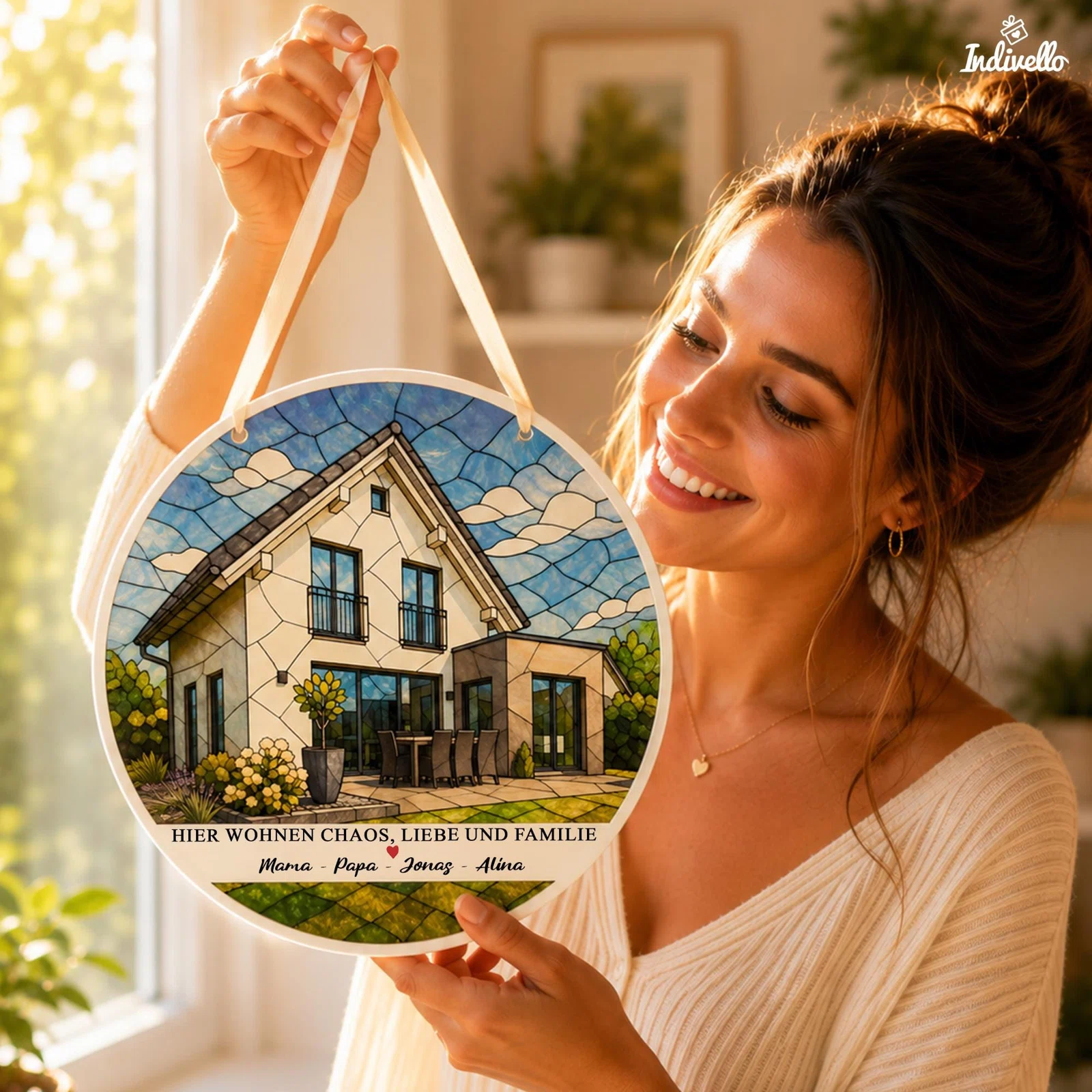 Rundes Hängeschild mit moderner Hausansicht im Buntglasstil, blauem Himmel und Garten. Darunter stehen der Spruch „Hier wohnen Chaos, Liebe und Familie“ sowie personalisierte Namen.