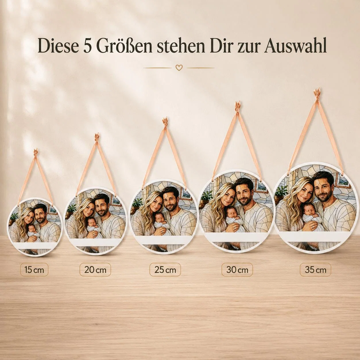 Größenübersicht für den ovalen Fotohänger mit Schleifenband: Fünf Varianten von 15, 20, 25, 30 und 35 cm werden nebeneinander mit demselben Beispielmotiv verglichen.
