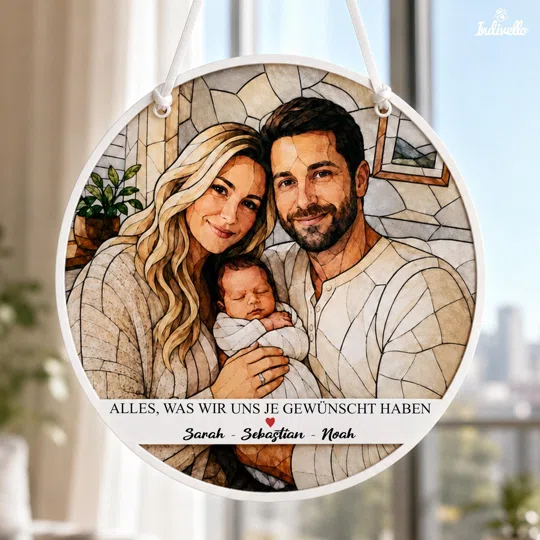 Personalisierten Sonnenfänger zur Geburt kaufen: runder Anhänger mit Mosaikporträt zweier Erwachsener und eines Babys, dazu „Alles, was wir uns je gewünscht haben“ und Namen.
