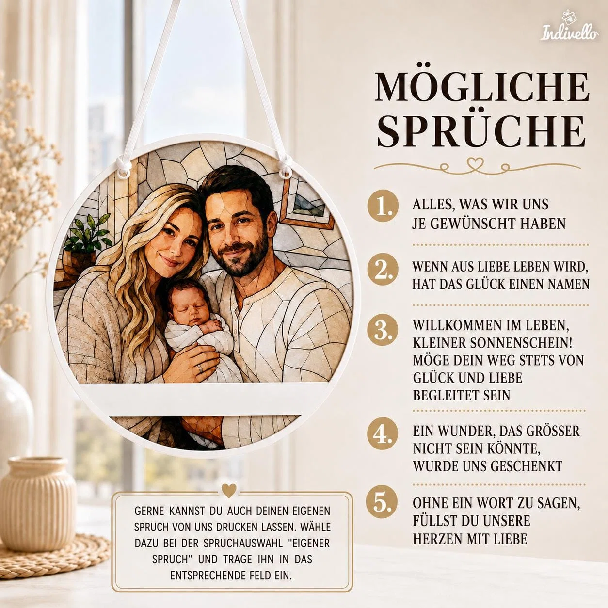 Spruchübersicht für einen runden Fotoanhänger zur Geburt: fünf Texte über Wunschkind, Glück, Liebe und Willkommen im Leben stehen zur Wahl; alternativ ist ein eigener Spruch möglich.