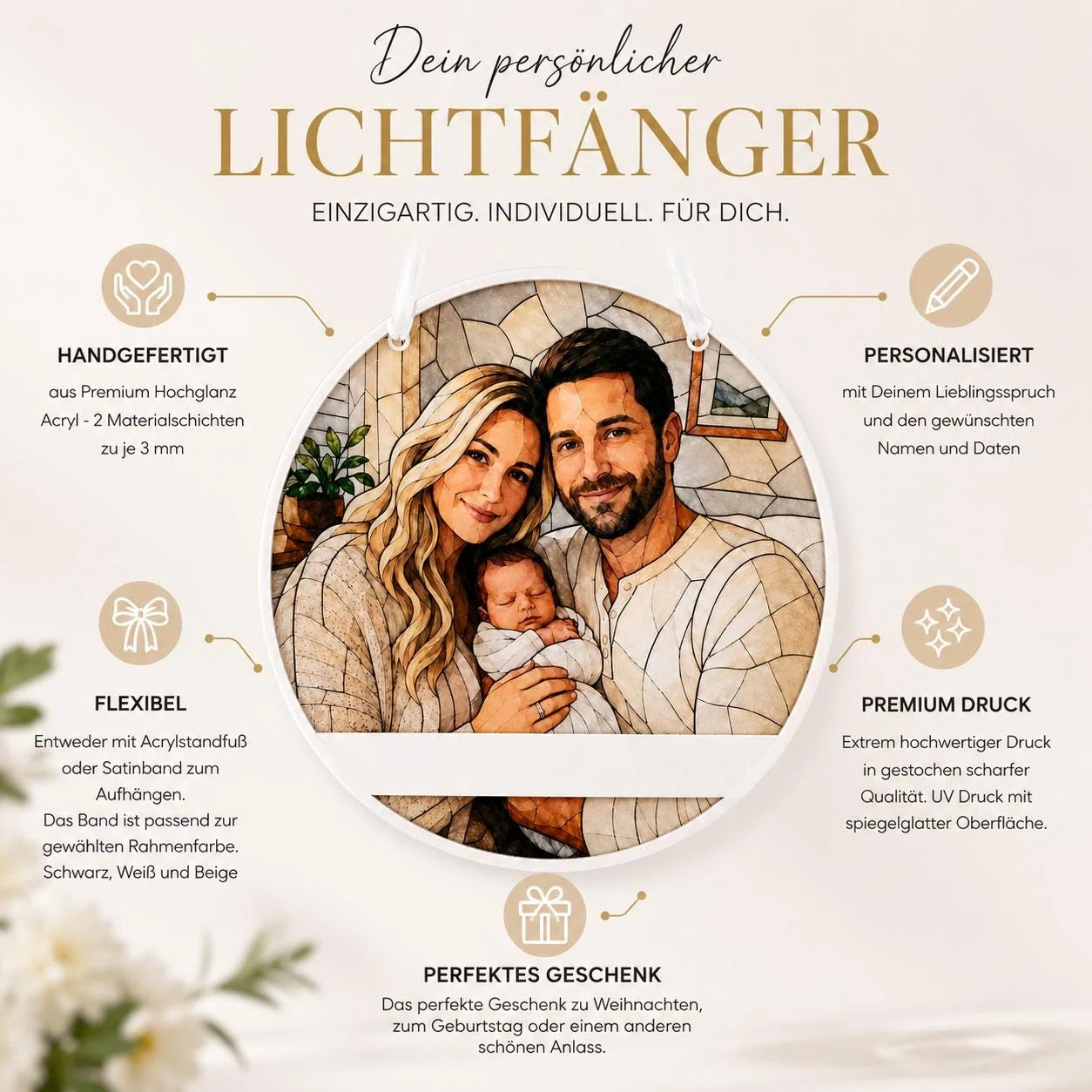 Infografik zu einem runden, personalisierbaren Lichtfänger mit Fotoporträt. Genannt werden Hochglanz-Acryl, Standfuß oder Satinband sowie Rahmen in Schwarz, Weiß oder Beige.