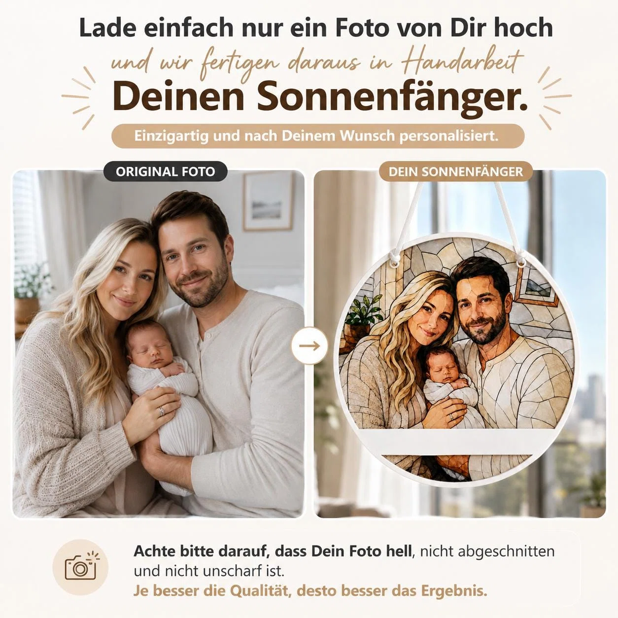Infografik zur Personalisierung: Ein helles, scharfes und unbeschnittenes Foto hochladen; daraus wird ein runder Sonnenfänger mit stilisiertem Bildmotiv gefertigt. Vorher-nachher-Beispiel mit Gruppenporträt.