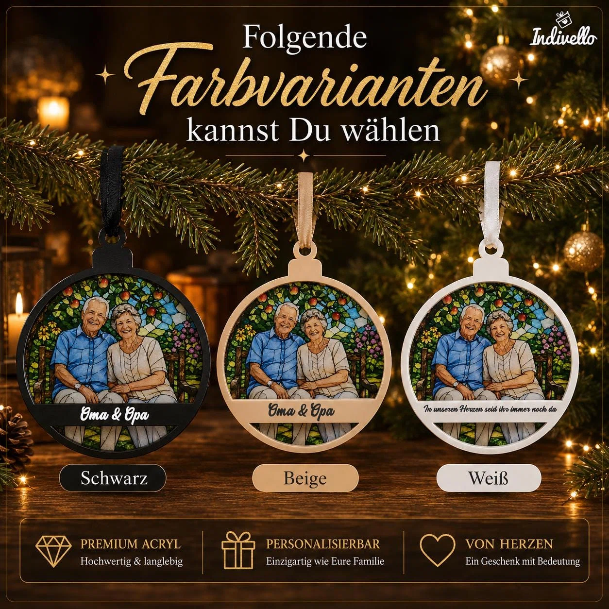 Übersicht der Farbvarianten Schwarz, Beige und Weiß für einen runden, personalisierbaren Anhänger. Alle Varianten zeigen ein farbiges Beispielporträt vor weihnachtlich beleuchteten Tannenzweigen.