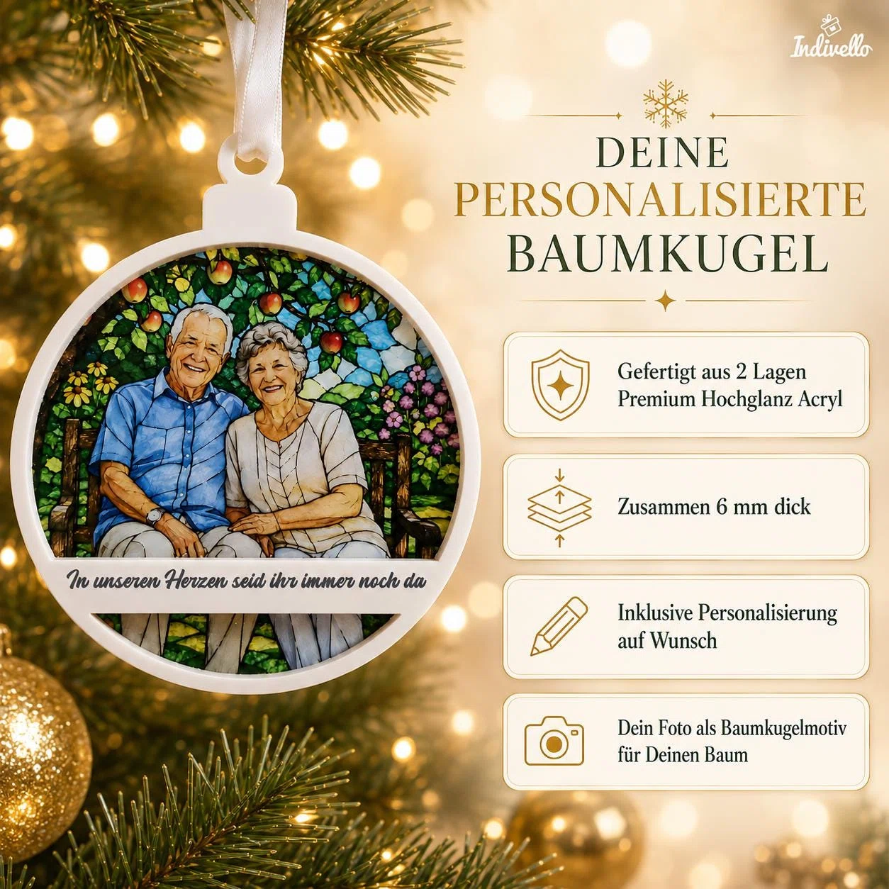 Infografik zu einer runden, personalisierbaren Baumkugel mit eigenem Foto und Wunschtext: zwei Lagen Hochglanz-Acryl, insgesamt 6 mm dick, dargestellt am beleuchteten Weihnachtsbaum.