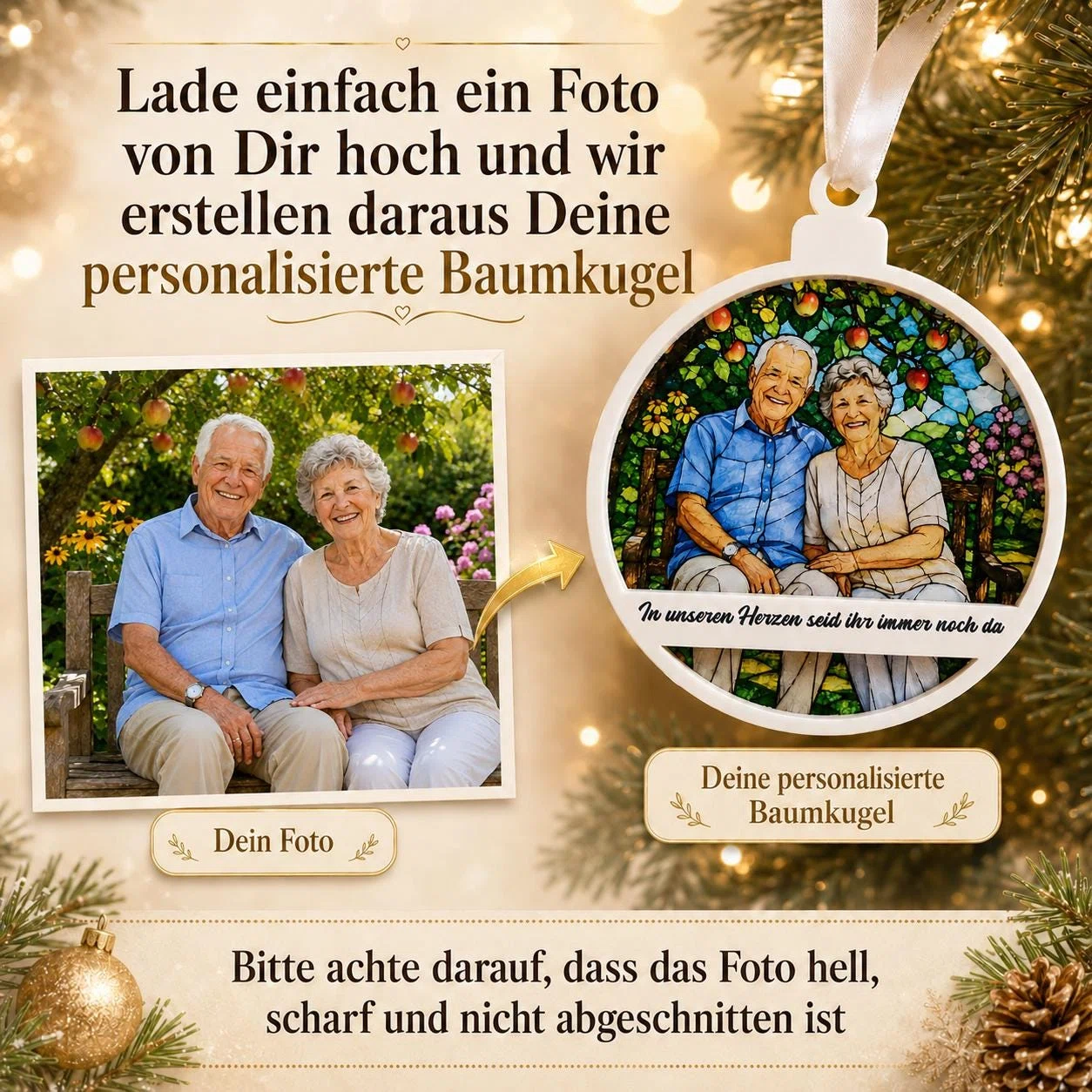 Ein hochgeladenes Foto wird als farbig illustrierte Szene in eine runde, personalisierte Baumkugel übertragen. Das Foto soll hell, scharf und nicht abgeschnitten sein.