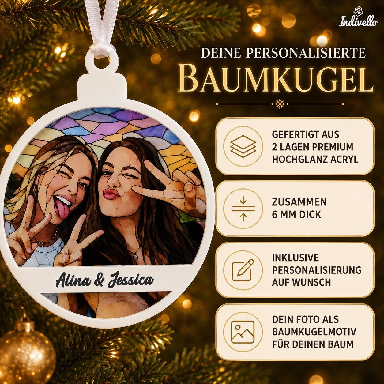 Infografik zur personalisierten Baumkugel mit eigenem Foto: zweilagiges Hochglanz-Acryl, insgesamt 6 mm dick und mit weißem Rahmen samt Aufhängeband.