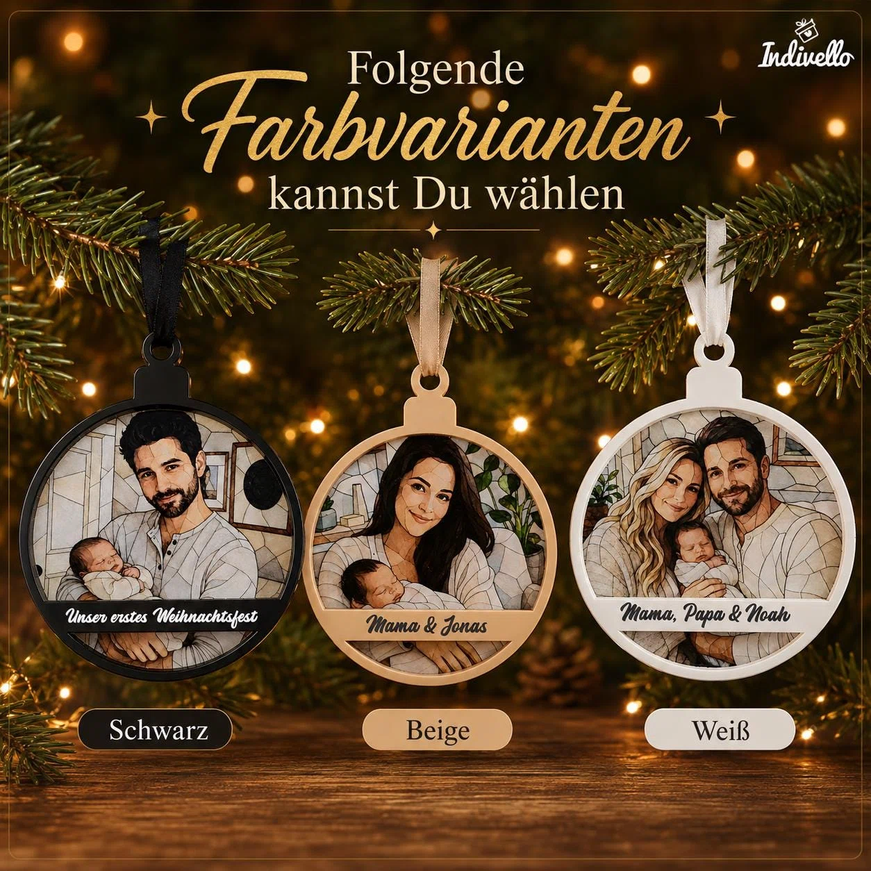 Übersicht der wählbaren Farbvarianten für runde, personalisierte Fotoanhänger: Schwarz, Beige und Weiß. Jede Variante ist mit einem Porträtmotiv und einer Beschriftungsleiste dargestellt.