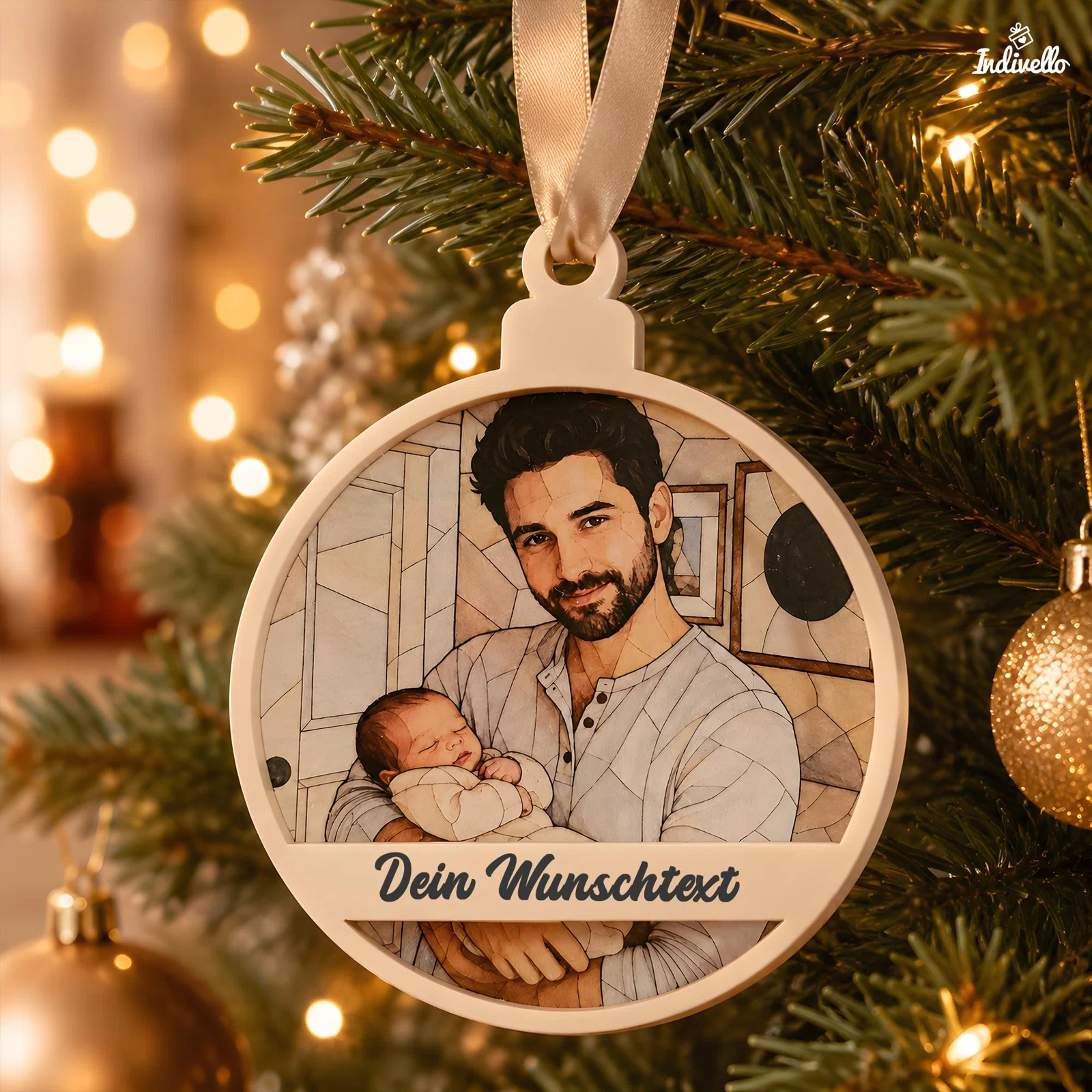 Runder, cremefarbener Weihnachtsanhänger mit stilisiertem Porträt eines Mannes, der ein Baby hält, und dem Schriftzug „Dein Wunschtext“. An beigem Band frontal am beleuchteten Tannenbaum fotografiert.