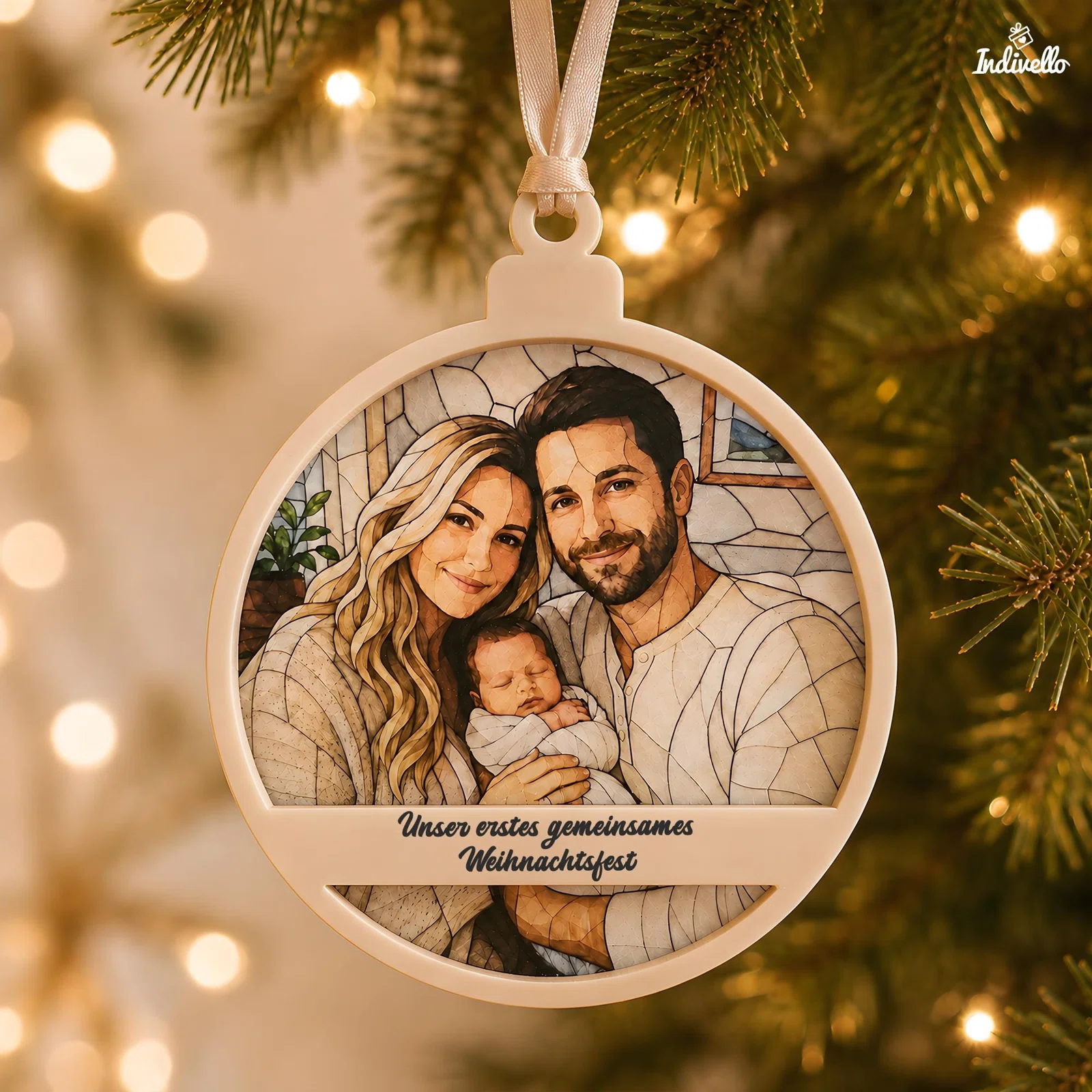 Runder, cremefarbener Weihnachtsanhänger mit illustriertem Porträt von zwei Erwachsenen und einem Baby sowie dem Schriftzug „Unser erstes gemeinsames Weihnachtsfest“, frontal an einem beleuchteten Tannenzweig.