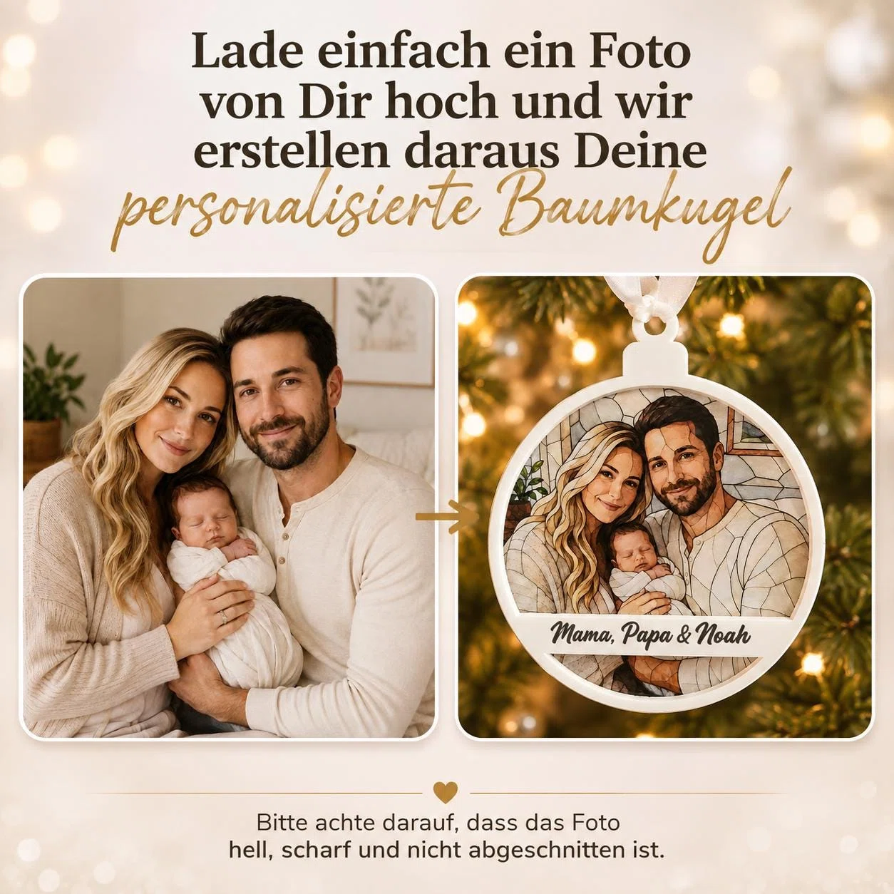 Infografik zur Personalisierung einer runden Baumkugel: Ein hochgeladenes Porträt wird als Illustration mit Namenszeile umgesetzt. Das Foto soll hell, scharf und vollständig sein.
