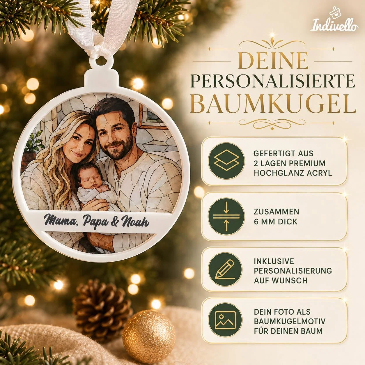 Infografik zu einer runden, personalisierten Baumkugel mit eigenem Foto und Wunschtext. Angegeben sind zwei Lagen Premium-Hochglanzacryl, insgesamt 6 mm Stärke und ein weißes Aufhängeband.