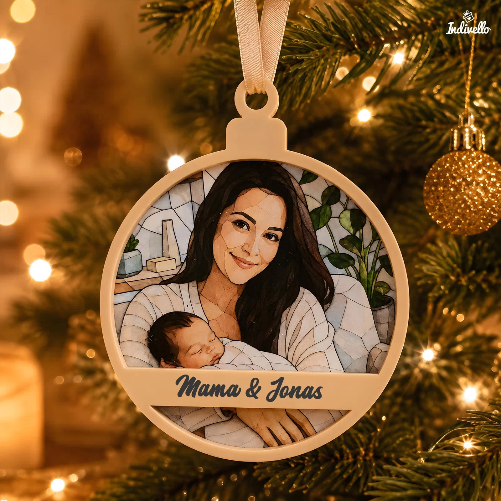 Runder, cremefarbener Weihnachtsanhänger mit Band, illustriertem Porträt einer dunkelhaarigen Person mit schlafendem Baby und Namensleiste; frontal an einem warm beleuchteten Tannenbaum fotografiert.