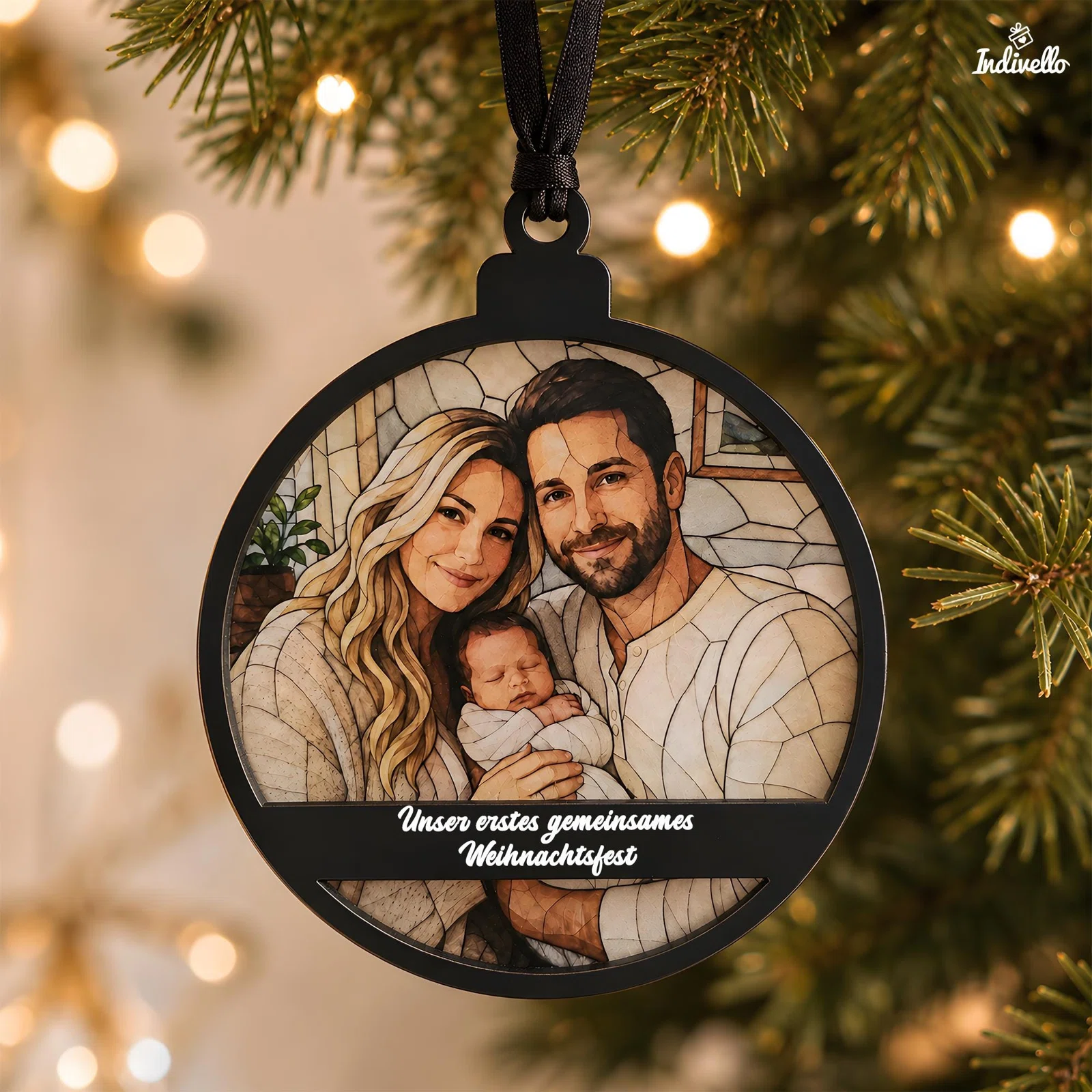 Runder schwarzer Weihnachtsbaumanhänger mit stilisiertem Porträt zweier Erwachsener und eines Babys. Auf der Vorderseite steht „Unser erstes gemeinsames Weihnachtsfest“.
