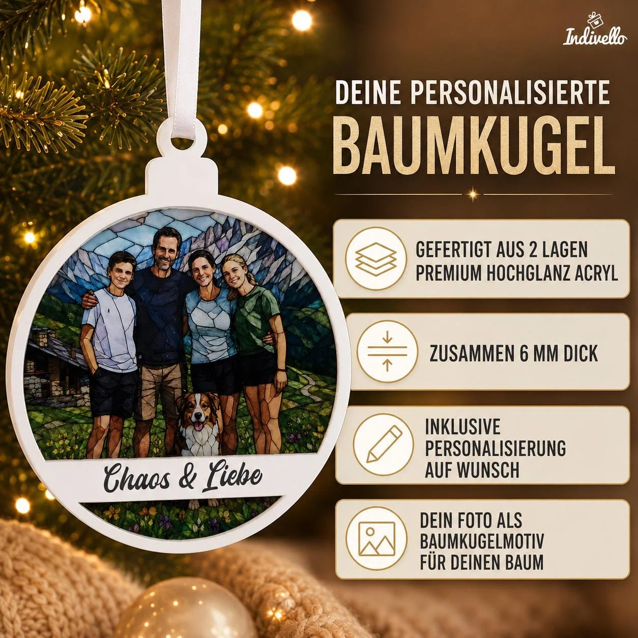 Infografik zur personalisierten Baumkugel: eigenes Foto als Motiv, optional mit Schriftzug. Die runde Aufhängung besteht laut Übersicht aus zwei Lagen Hochglanz-Acryl und ist insgesamt 6 mm dick.