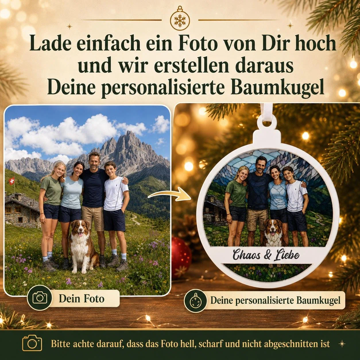 Infografik zur personalisierten Baumkugel: Ein hochgeladenes Foto wird als rundes, illustriertes Motiv mit Wunschtext umgesetzt. Das Ausgangsbild soll hell, scharf und nicht angeschnitten sein.