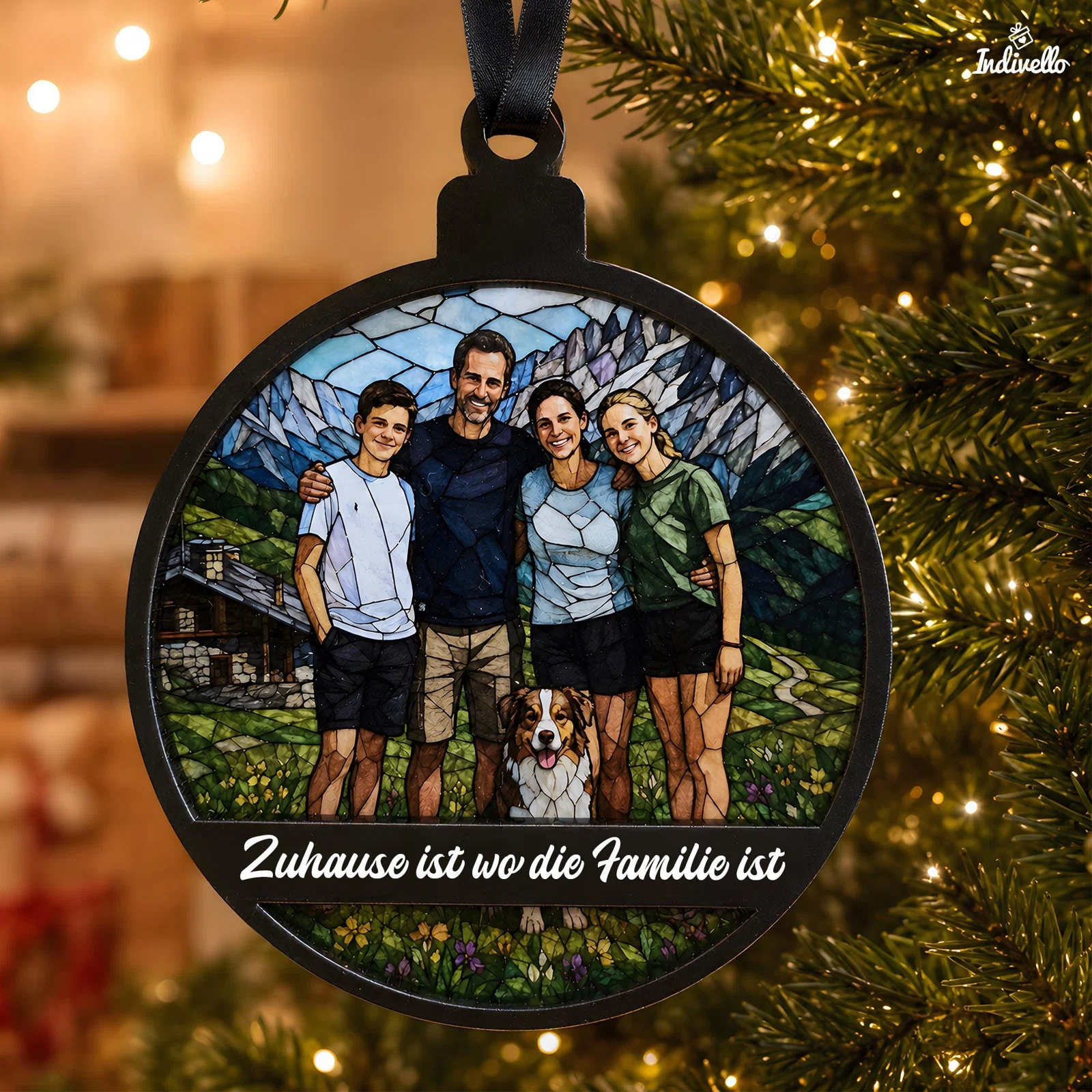 Runder schwarzer Weihnachtsanhänger mit einer Gruppe aus vier Personen und Hund im Buntglasstil vor Bergen und Hütte. Darunter steht in weißer Schrift „Zuhause ist wo die Familie ist“.