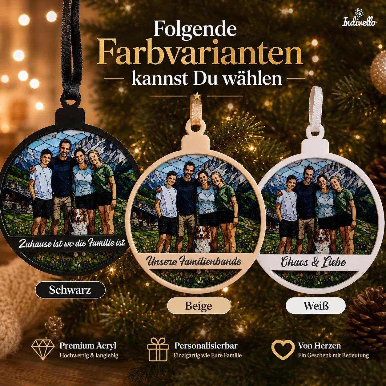 Farbauswahl für runde, personalisierbare Weihnachtsanhänger mit Fotoillustration und Spruch: schwarzer, beiger oder weißer Rahmen, jeweils mit passender Aufhängeschlaufe.