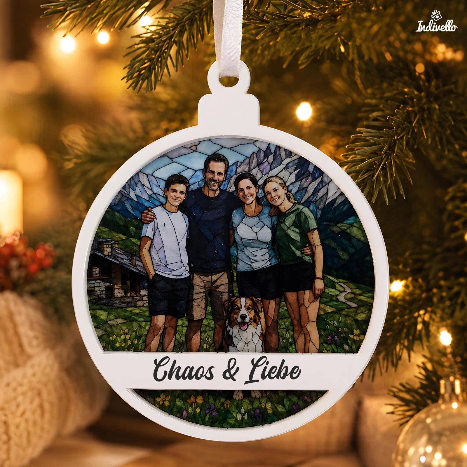 Weihnachtsanhänger mit Familienmotiv bestellen: rundes Mosaikbild mit vier Personen, Hund und Berglandschaft, weißem Rahmen und dem Schriftzug „Chaos & Liebe“ am Tannenbaum.