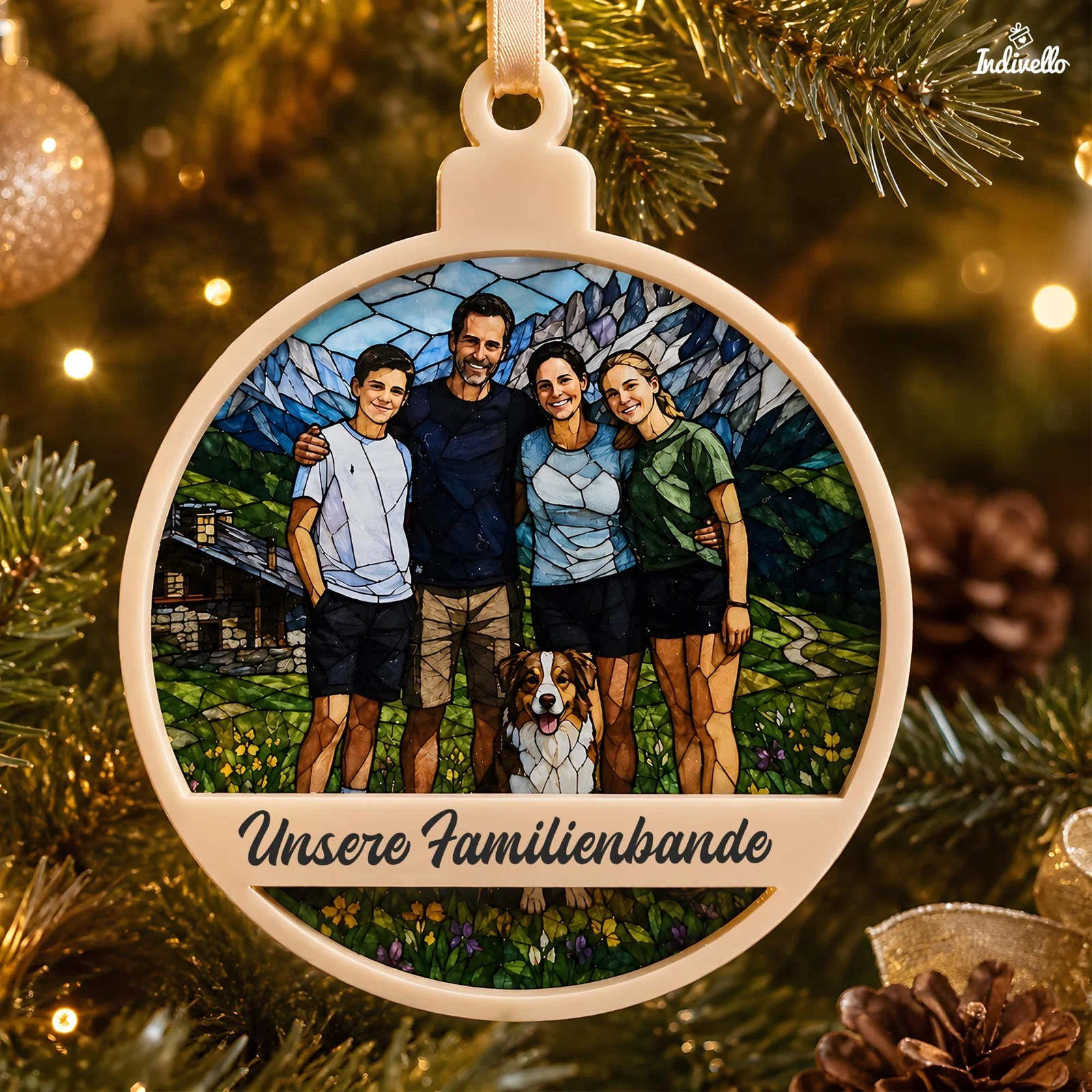 Runder Weihnachtsbaumanhänger mit cremefarbenem Rahmen und einer Illustration im Glasmalerei-Stil: vier Menschen mit Hund vor einer Berglandschaft, darunter der Schriftzug „Unsere Familienbande“.