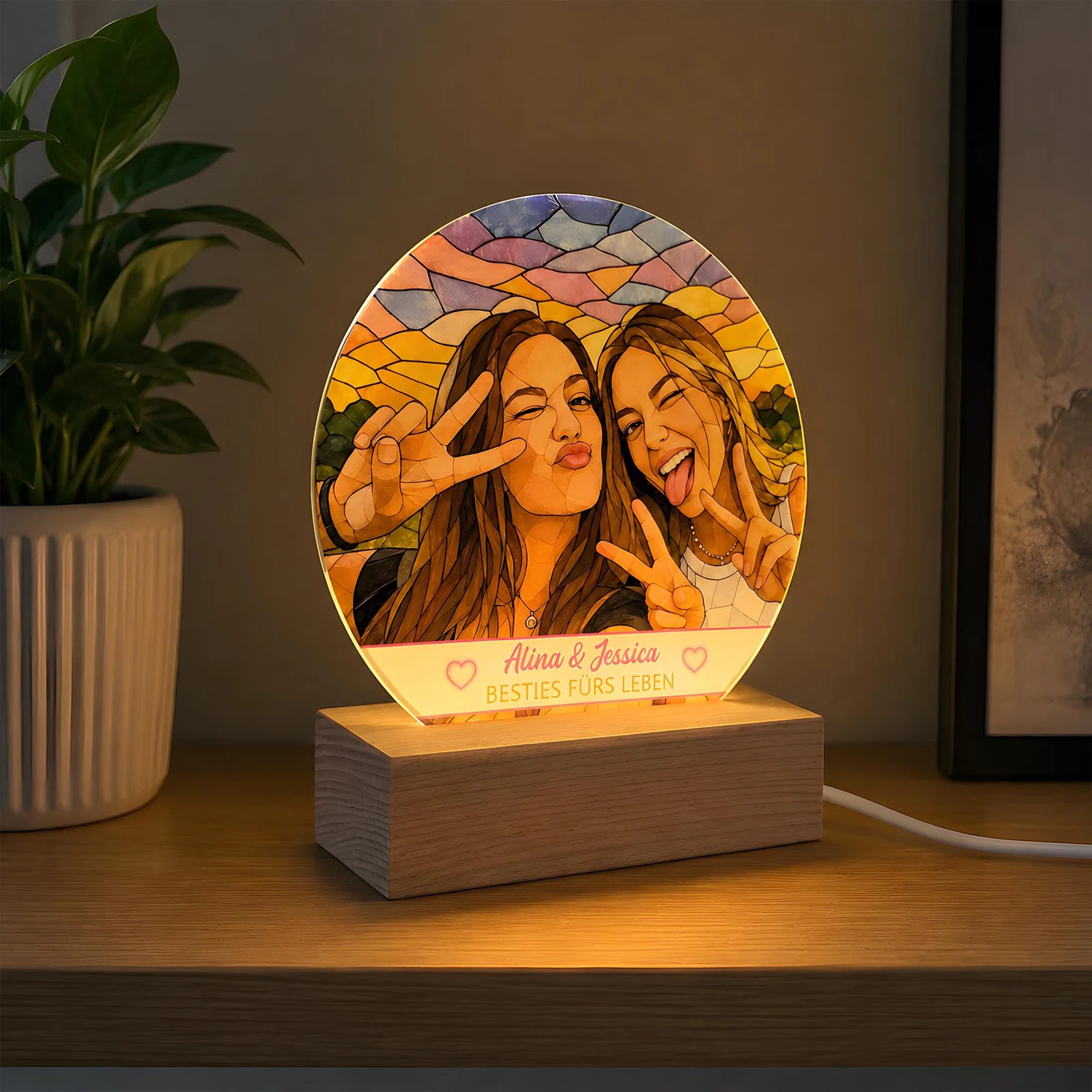 Leuchtende, ovale Fotolampe im Mosaikstil auf rechteckigem Sockel in Holzoptik. Das farbige Motiv zeigt zwei Frauen mit Victory-Zeichen vor einem Sonnenuntergang und den Spruch „Besties fürs Leben“.