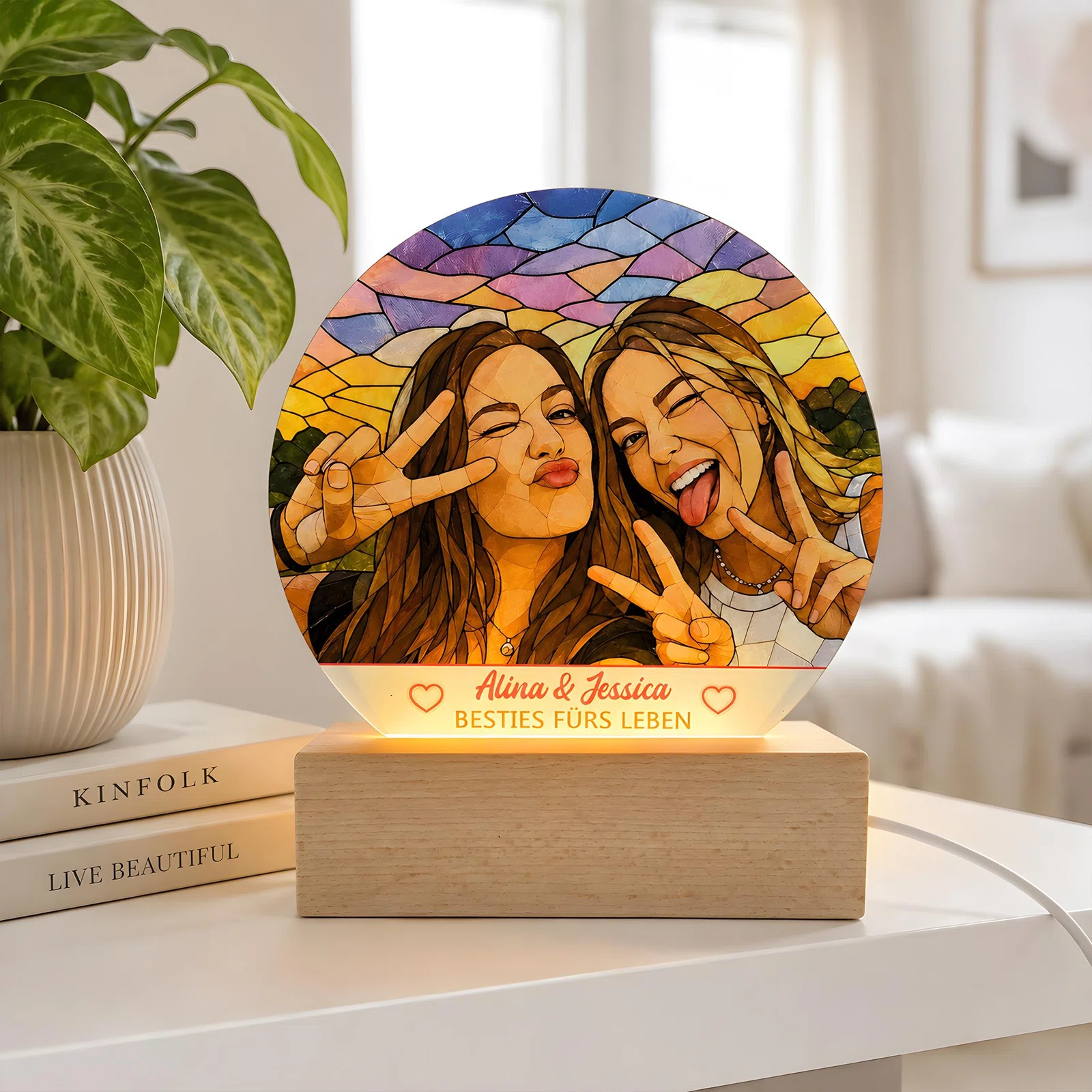 Runde, beleuchtete Bildtafel auf einem rechteckigen Sockel in Holzoptik. Das farbenfrohe Mosaikmotiv zeigt zwei Personen mit Victory-Zeichen, darunter Herzen und der Spruch „Besties fürs Leben“.