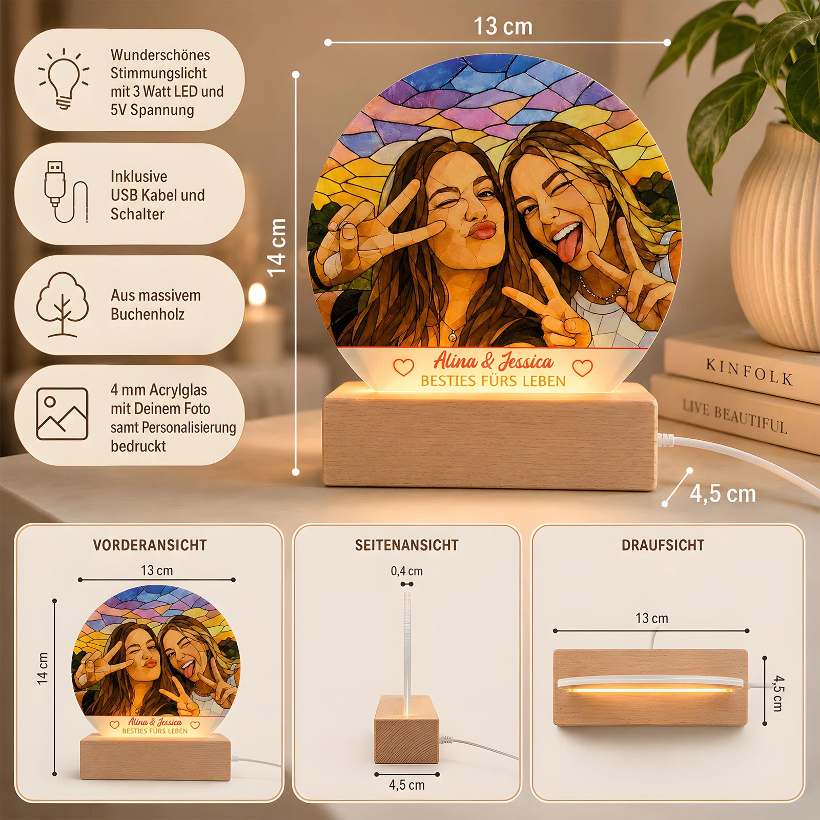 Infografik zur personalisierbaren LED-Fotoleuchte: runde Acrylplatte mit Foto und Spruch im Buchenholzsockel. Angegeben sind 13 × 14 cm, 4 mm Plattenstärke, 13 × 4,5 cm Sockel, 3-W-LED, 5 V und USB-Kabel mit Schalter.