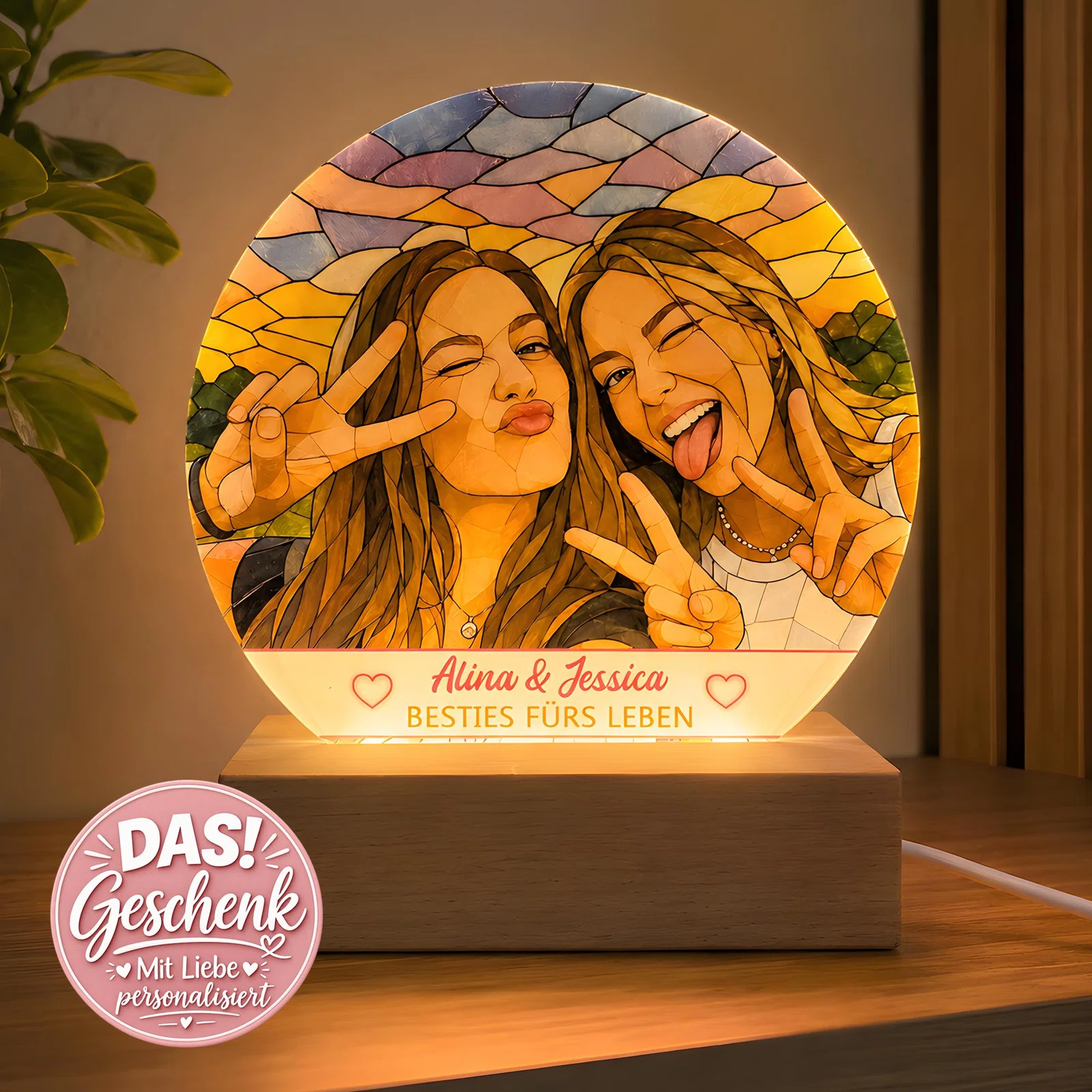 Runde Fotolampe personalisiert bestellen: warm leuchtendes Mosaikmotiv zweier Frauen vor einem Sonnenuntergang, mit Spruch und Namen auf einem Sockel in Holzoptik.