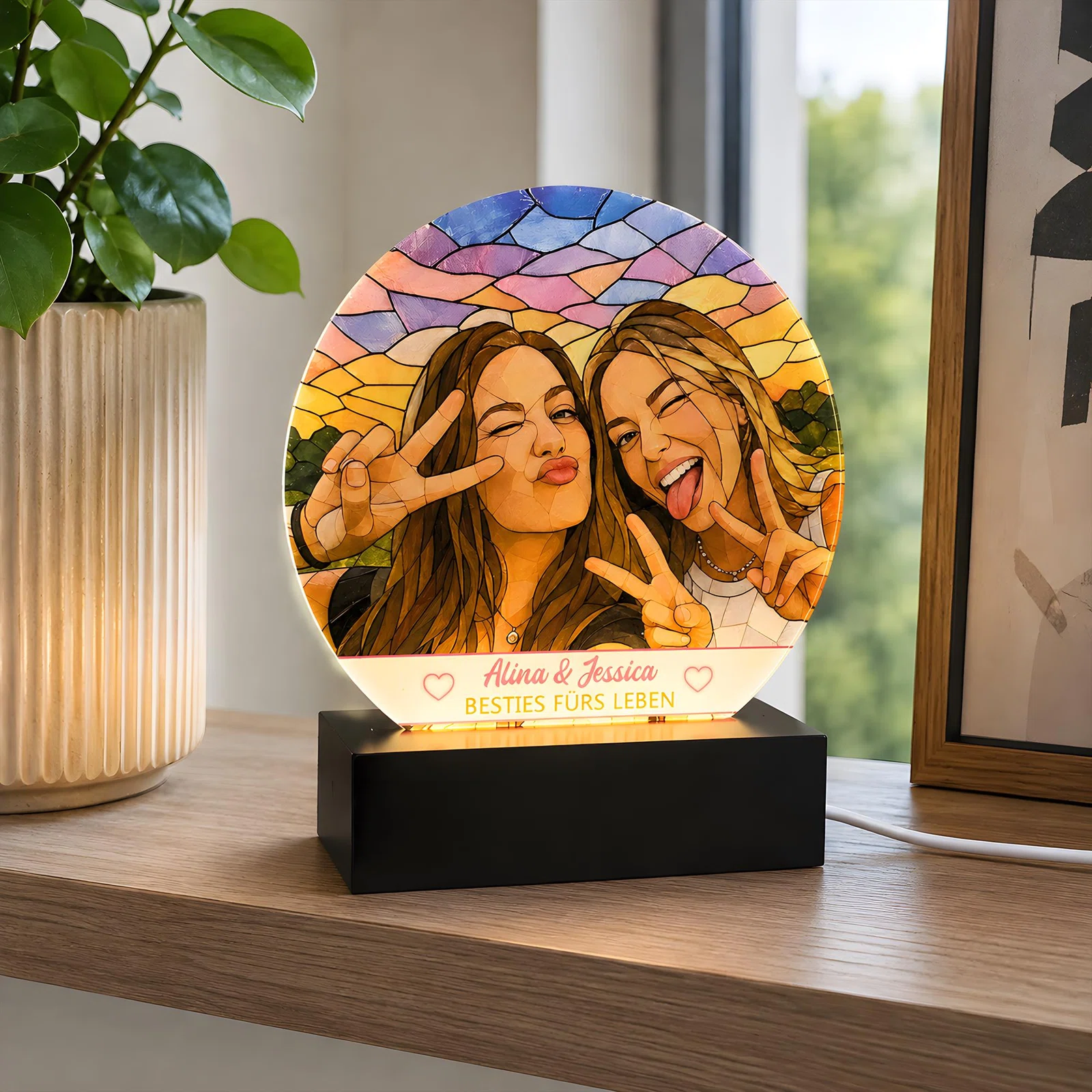 Runde, beleuchtete Bildtafel im Mosaikstil mit dem Porträt zweier Frauen, die Friedenszeichen zeigen. Warme Sonnenuntergangsfarben, personalisierte Beschriftung und schwarzer Sockel.