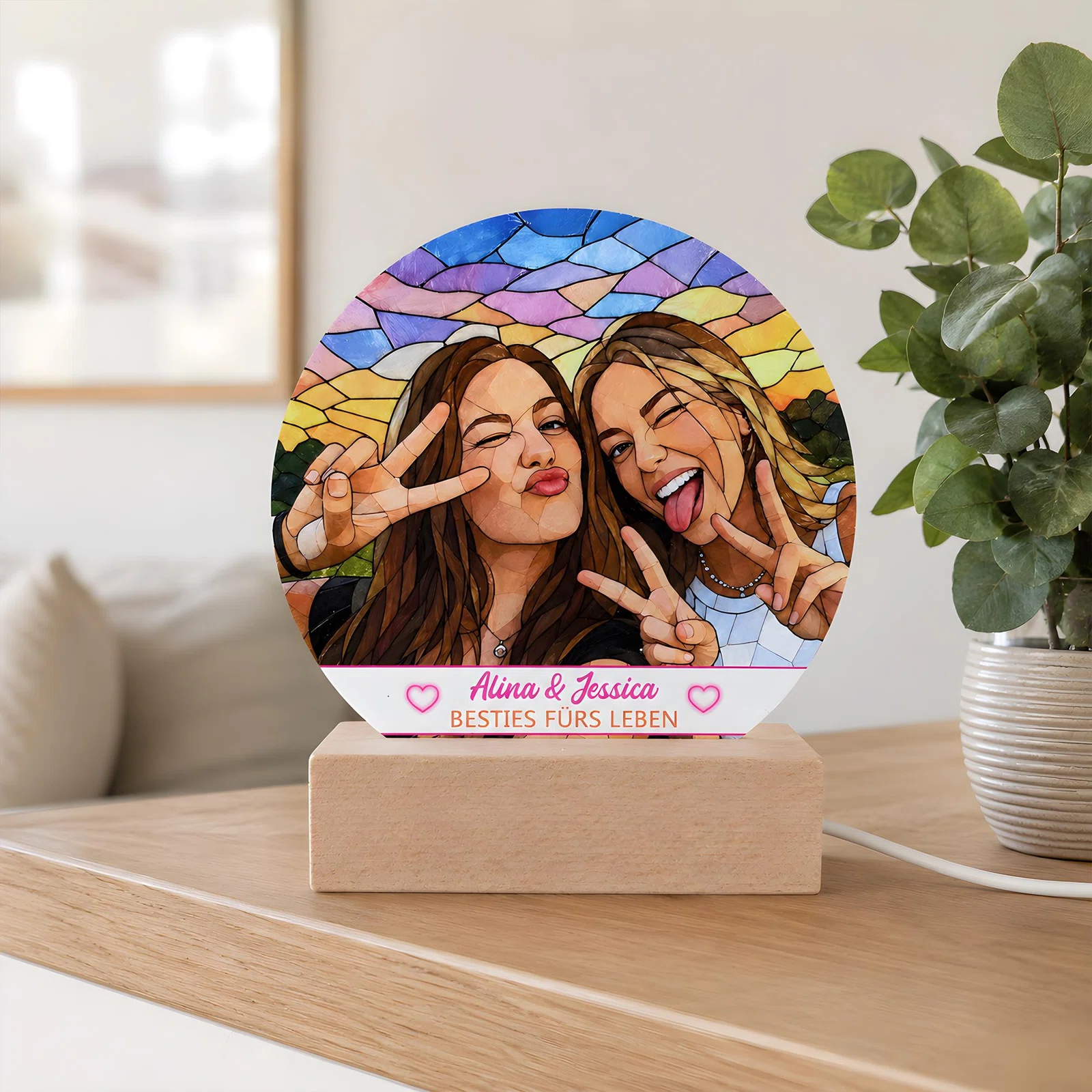 Runde Fotoleuchte im rechteckigen Sockel, frontal auf einem Sideboard. Das farbenfrohe Mosaikmotiv zeigt zwei Frauen mit Peace-Zeichen; darunter stehen zwei Namen und „Besties fürs Leben“.