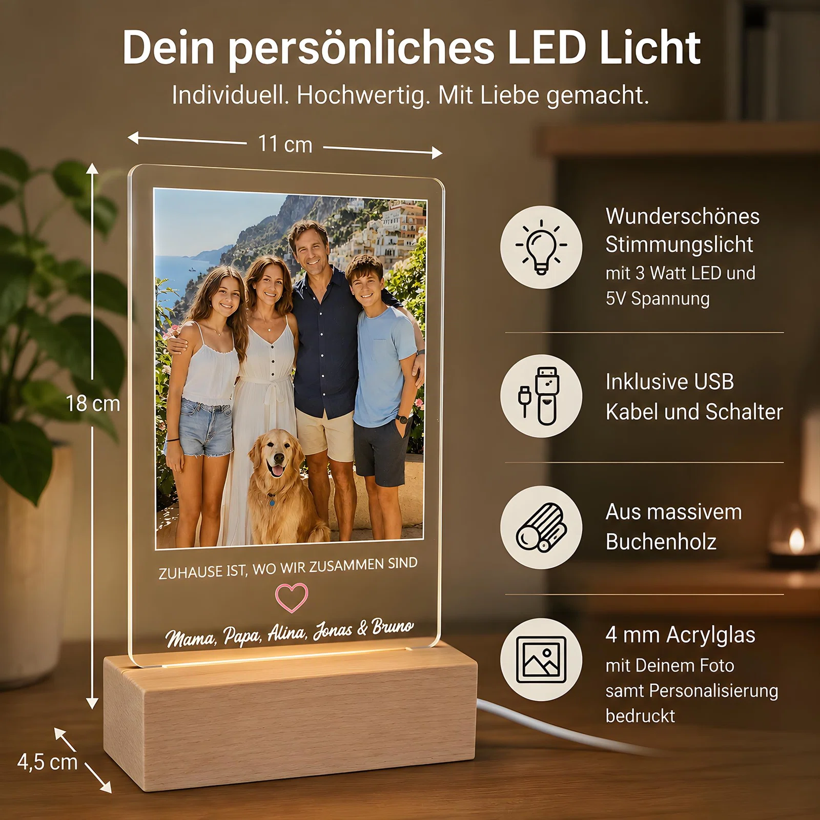 Infografik zum personalisierten LED-Fotolicht: 18 × 11 cm große, 4 mm starke Acrylplatte auf 4,5 cm tiefem Buchenholzsockel. Genannt werden 3-Watt-LED, 5 Volt sowie USB-Kabel mit Schalter.