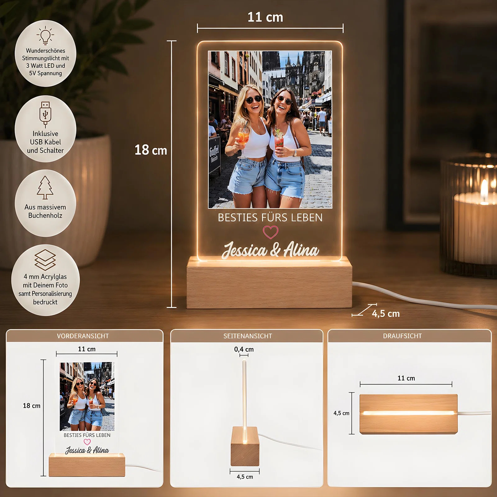 Infografik zur personalisierbaren LED-Fotoleuchte: 18 × 11 cm große, 4 mm starke Acrylplatte im 11 × 4,5 cm großen Buchenholzsockel. 3-Watt-LED, 5 V und USB-Kabel mit Schalter; Vorder-, Seiten- und Draufsicht.