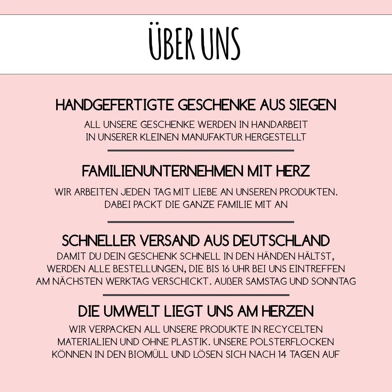 Infografik „Über uns“: handgefertigte Geschenke aus einer Familienmanufaktur in Siegen, Versand am nächsten Werktag bei Bestellungen bis 16 Uhr sowie recycelte, plastikfreie Verpackungen.