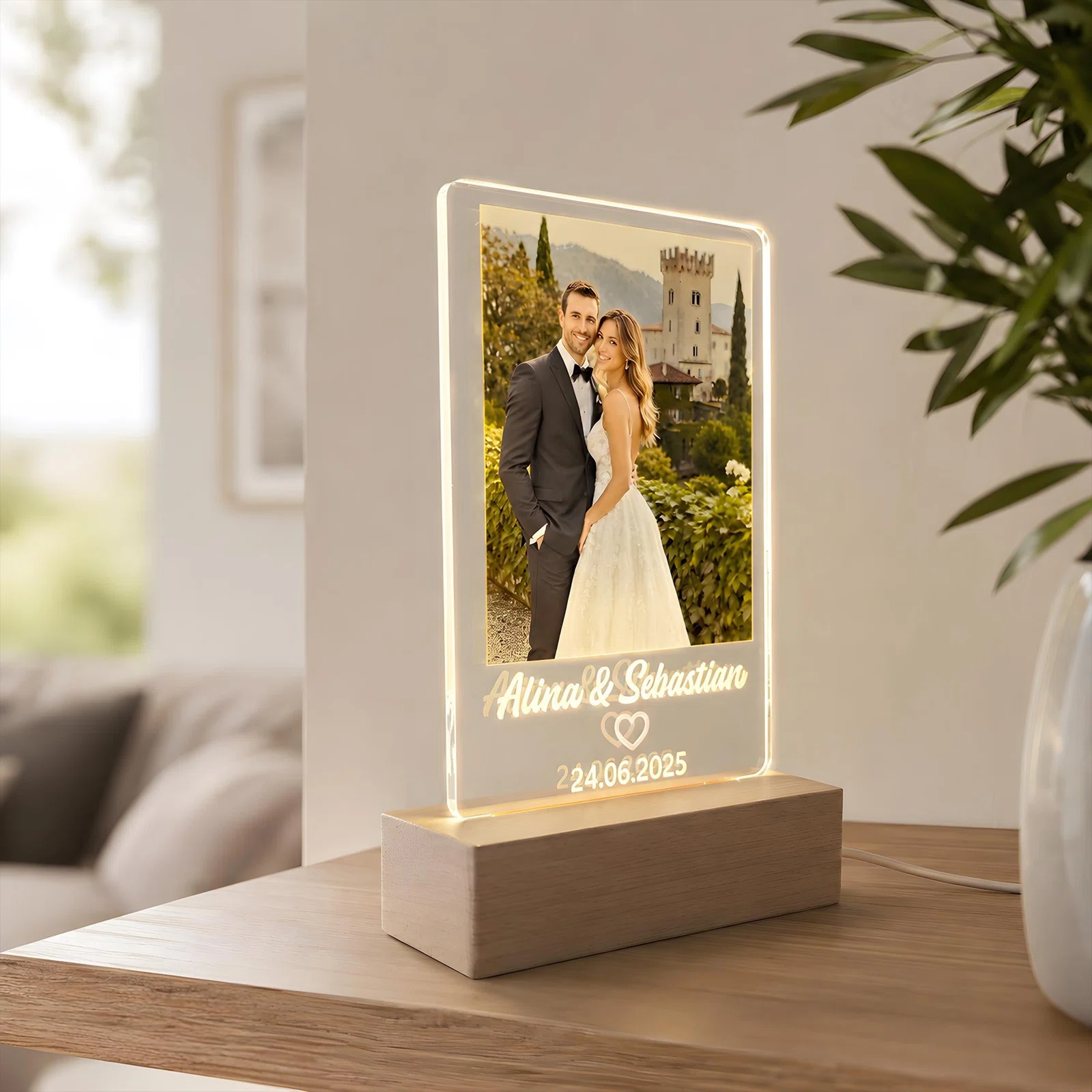 Personalisierte, rechteckige Fotoleuchte mit Hochzeitsmotiv, zwei Namen, Herzsymbol und Datum. Die transparente Tafel leuchtet warmweiß auf einem Sockel in Holzoptik.
